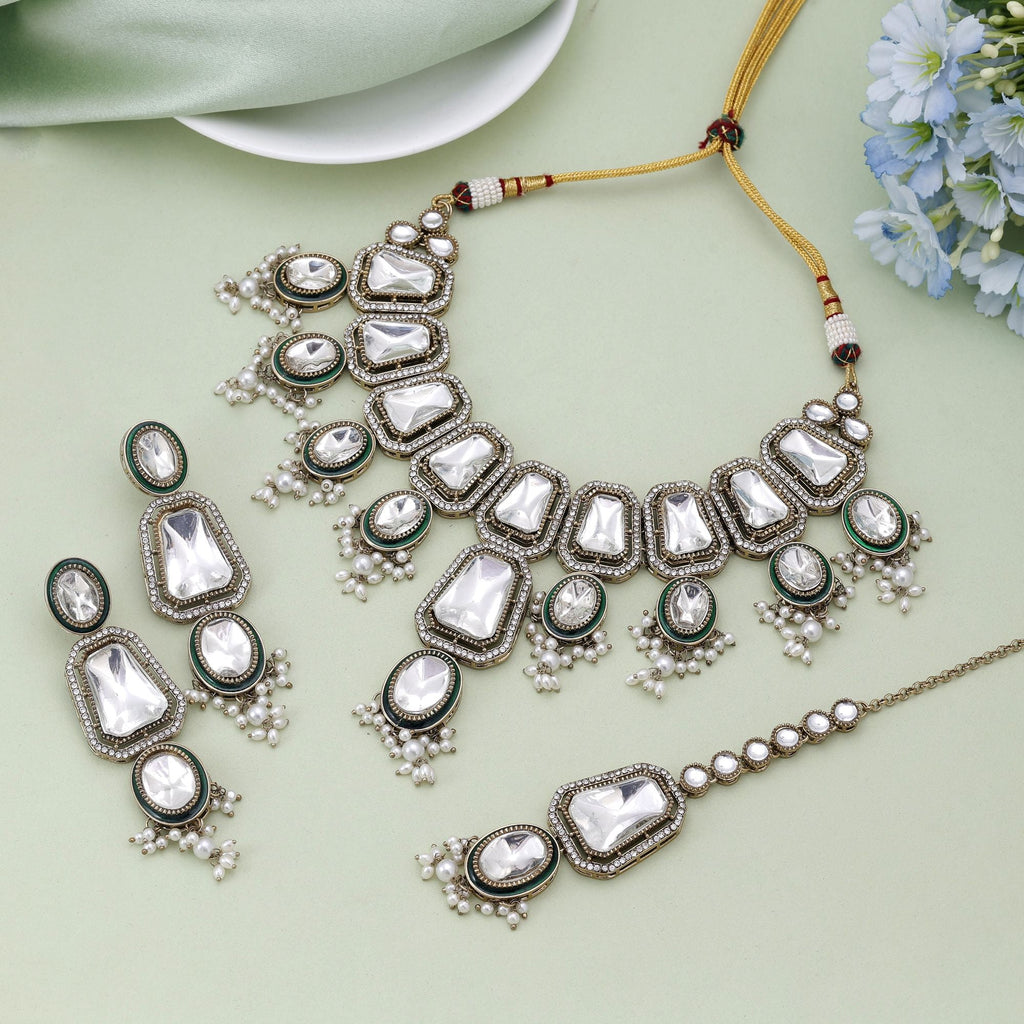 White Color Kundan Necklace Set Crafted For Graceful Cultural Occasions