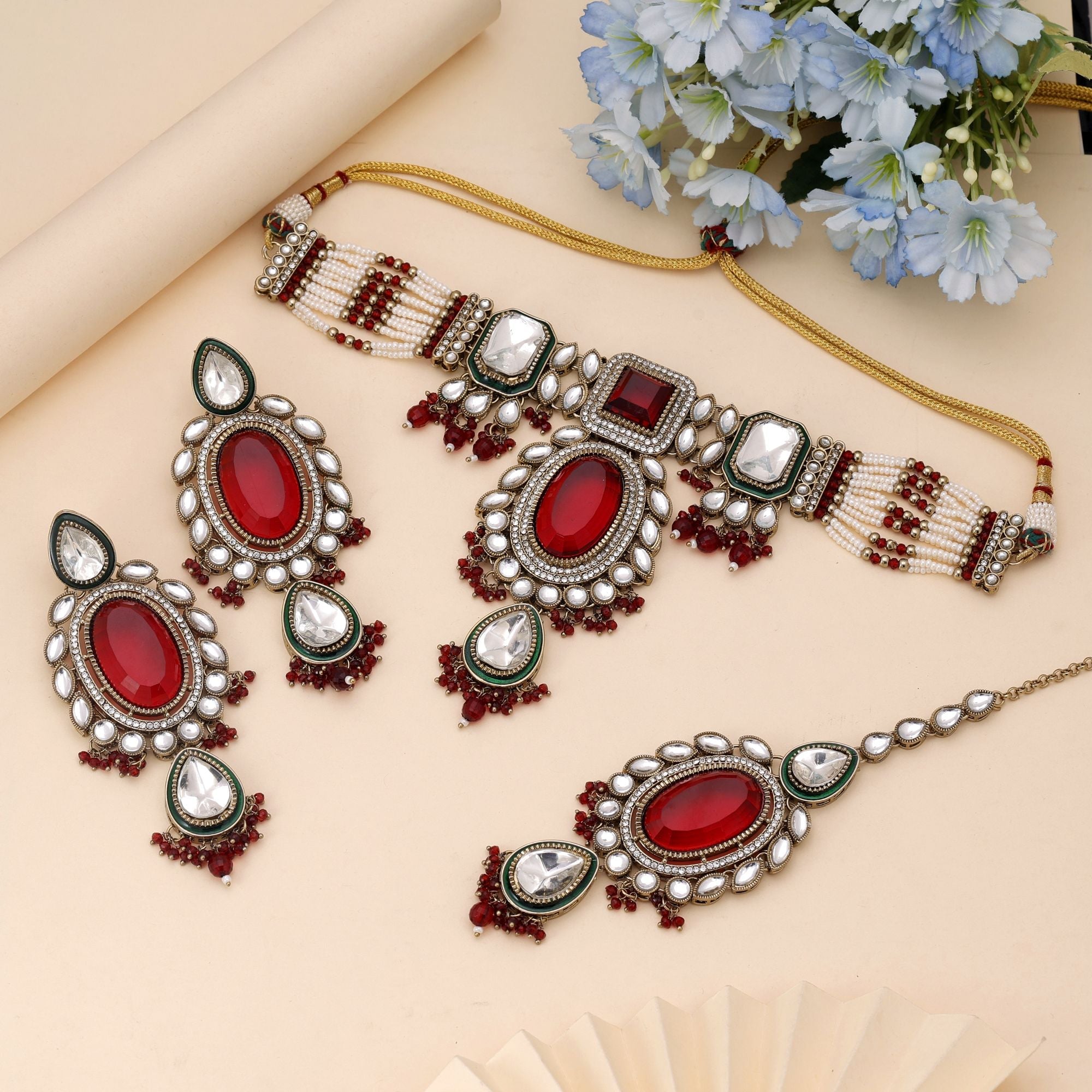 Maroon Color Choker Kundan Necklace Set Designed For Bridal Festive Wear