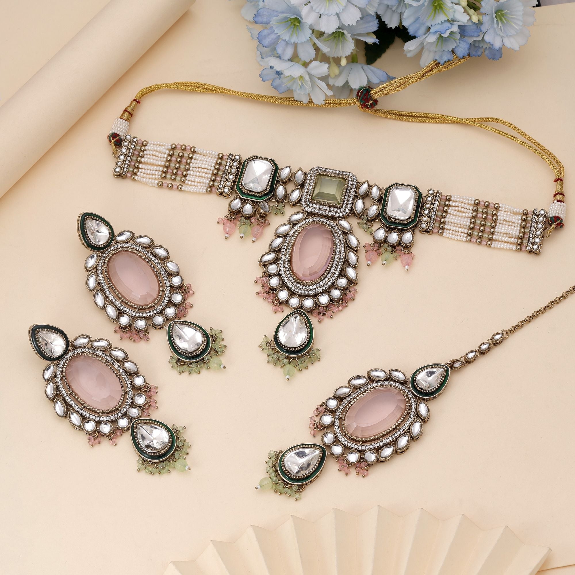 Pink & Pista Green Color Choker Kundan Necklace Set With Festive Dual Tone