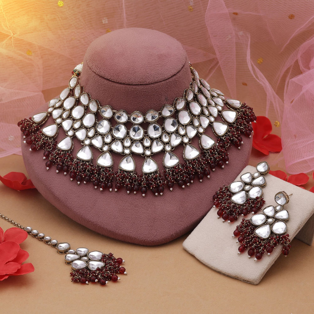 Magenta Color Kundan Necklace Set Crafted For Bold Festive Fashion