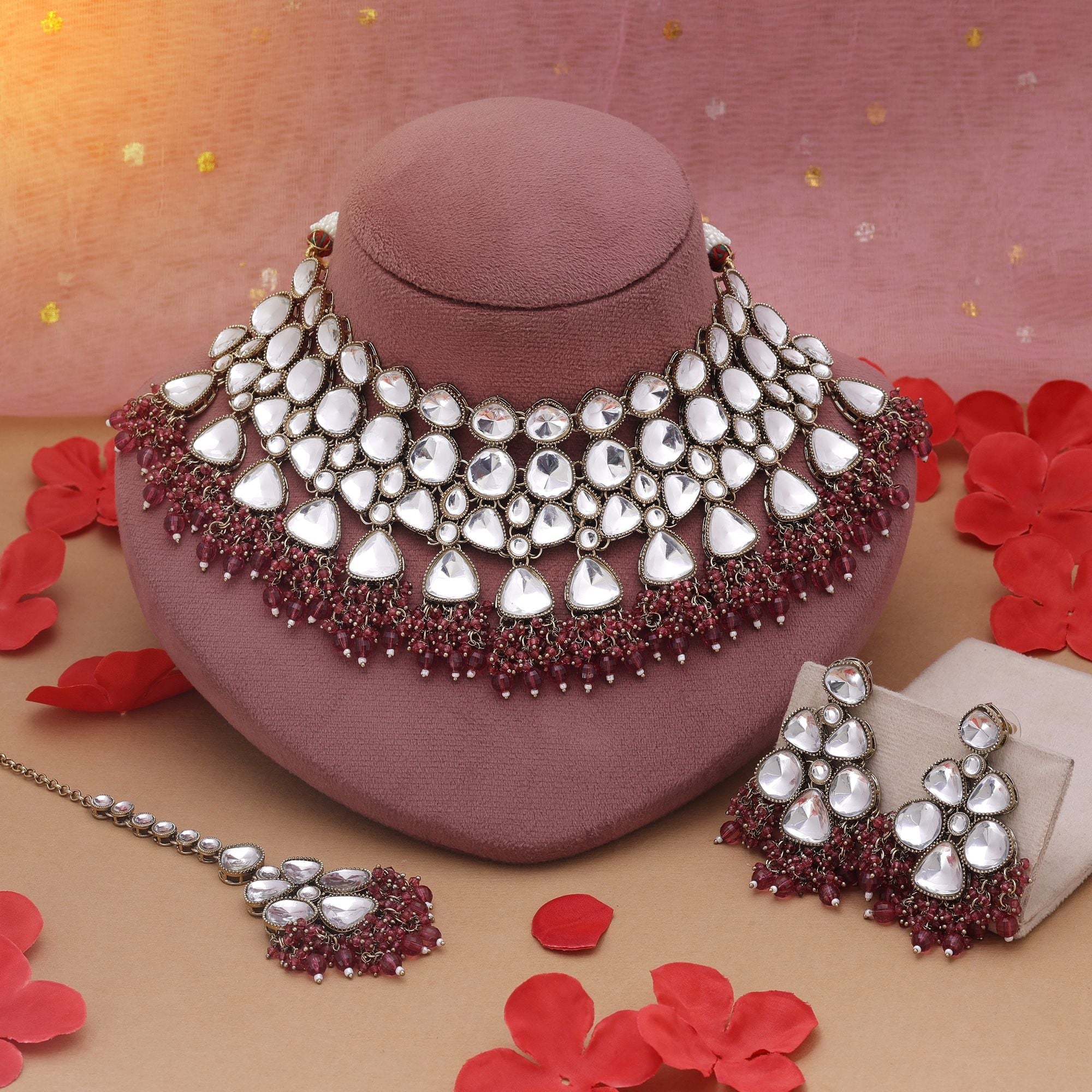 Maroon Color Kundan Necklace Set With Rich Tone Traditional Styling