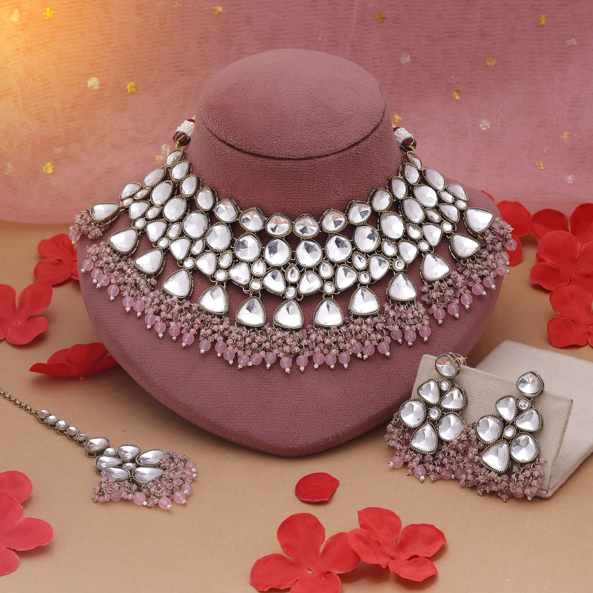 Pink Color Kundan Necklace Set Featuring Elegant Stones For Festive Looks