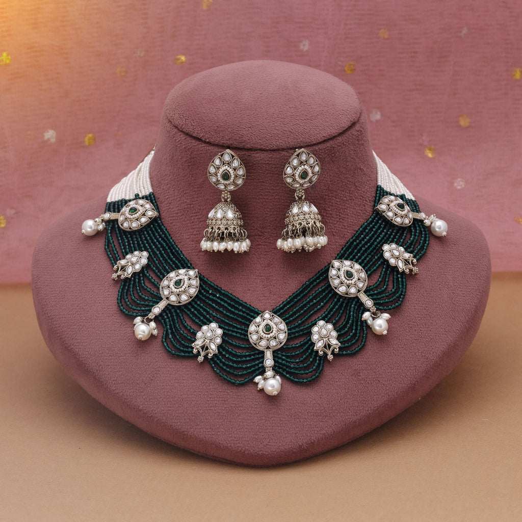 Green Color Kundan Necklace Set Designed For Traditional Wedding Functions