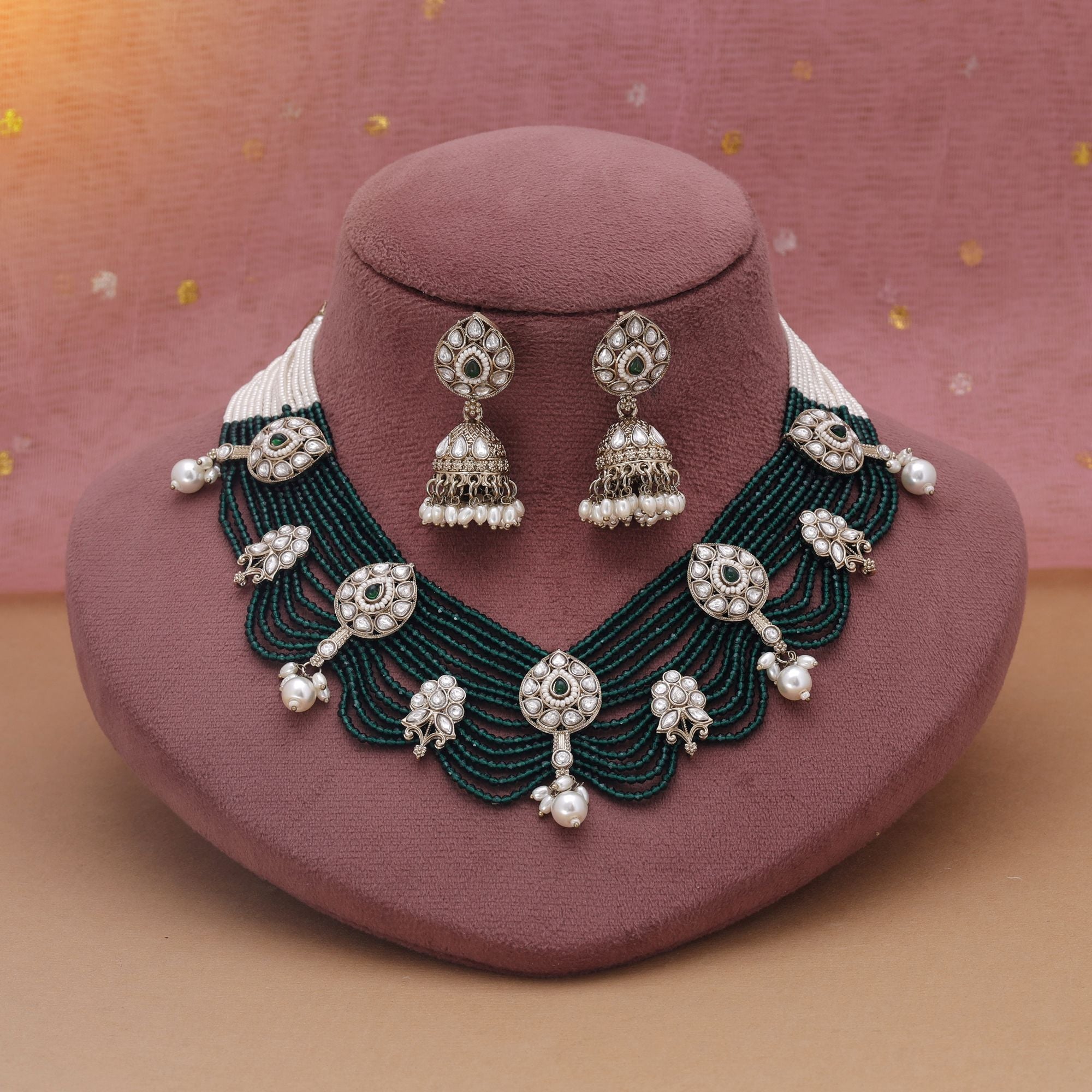 Green Color Kundan Necklace Set Designed For Traditional Wedding Functions