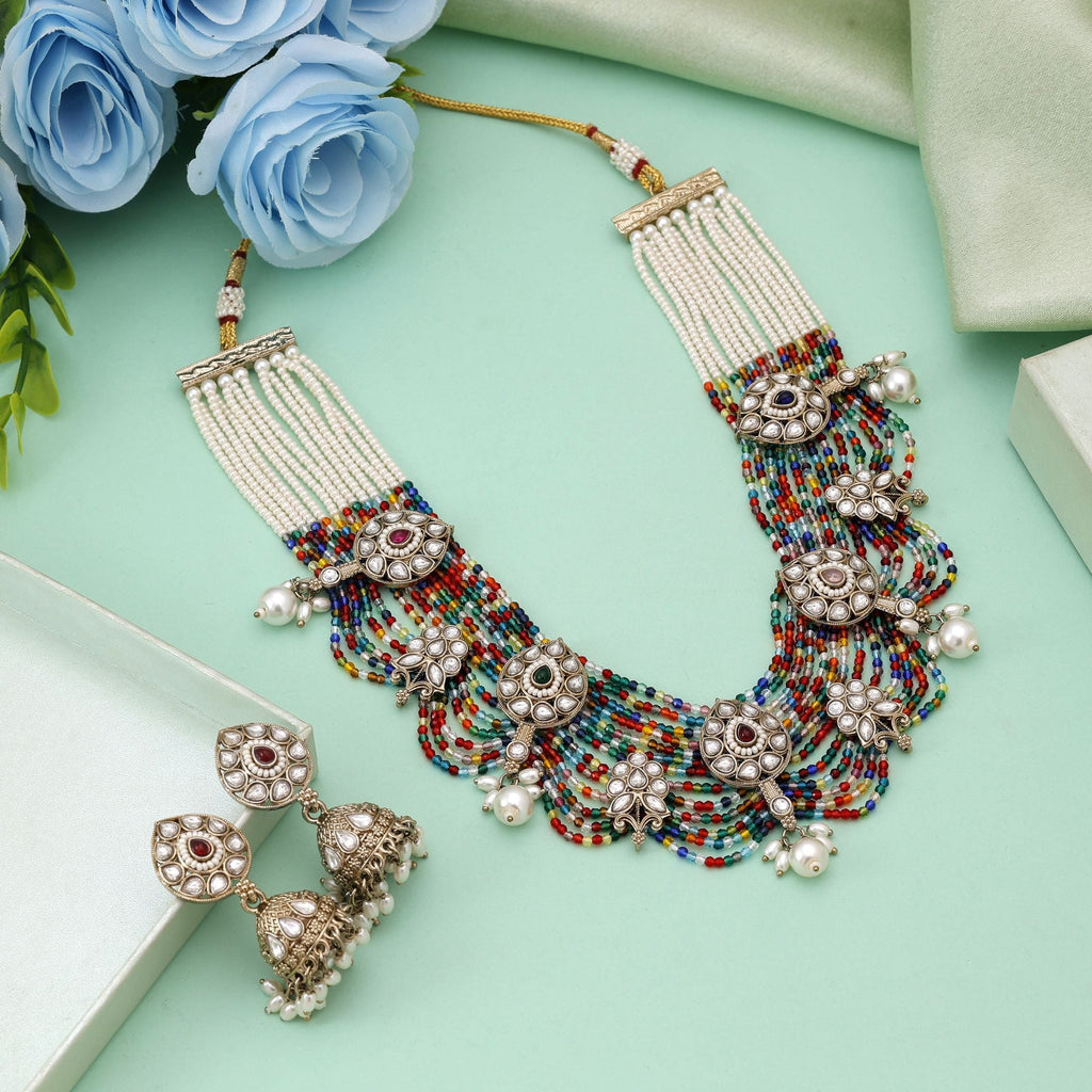 Multi Color Kundan Necklace Set With Statement Design For Weddings