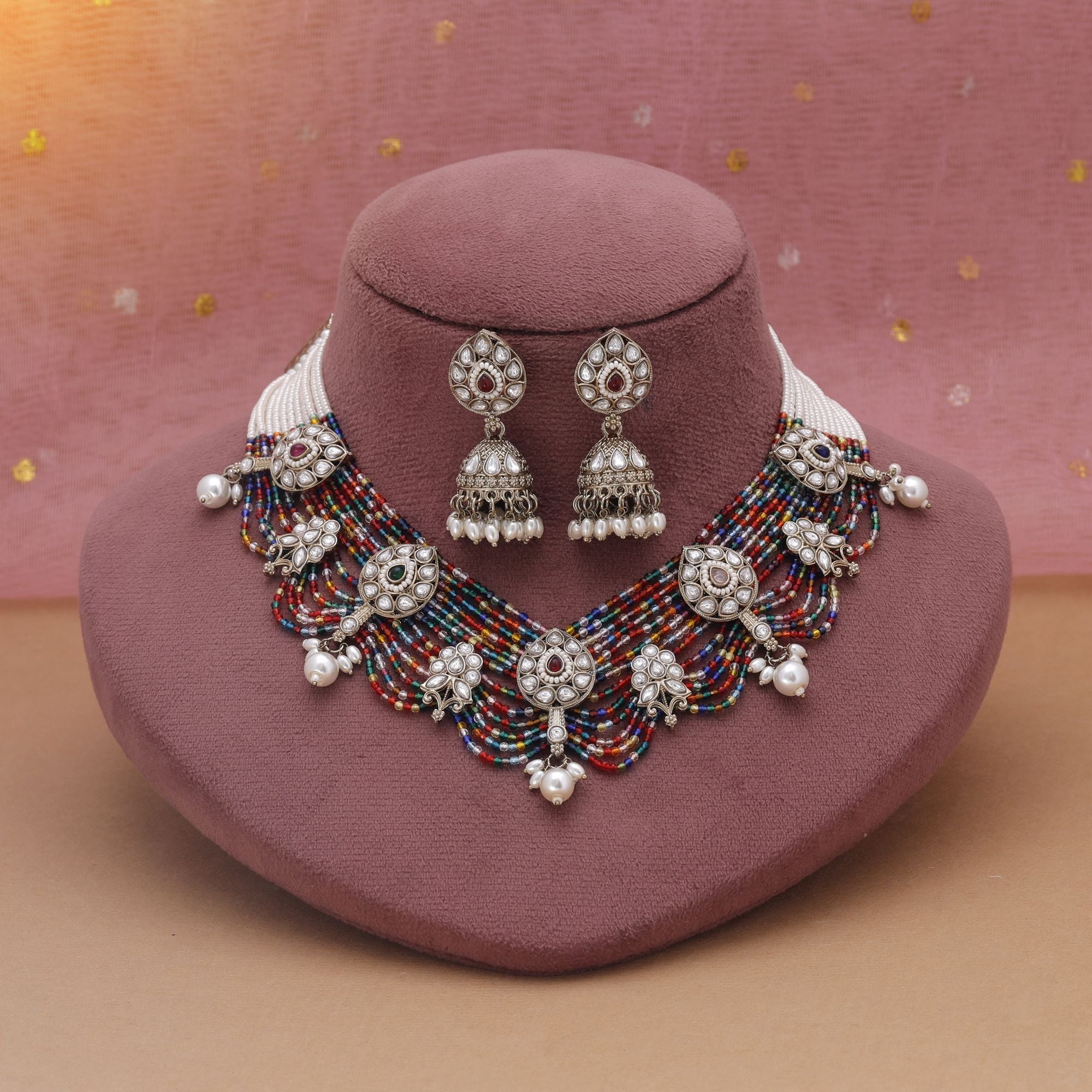 Multi Color Kundan Necklace Set With Statement Design For Weddings