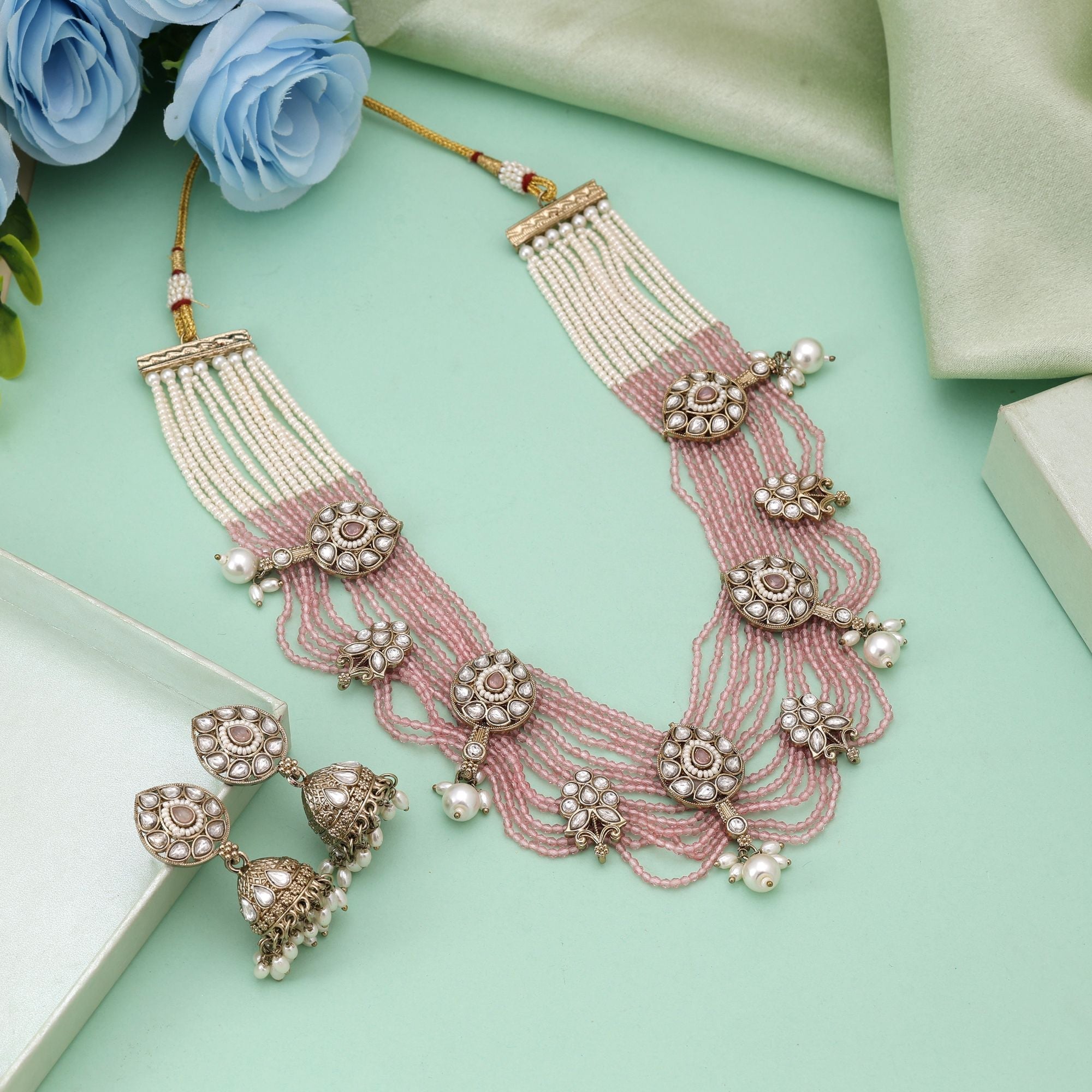 Pink Color Kundan Necklace Set Crafted For Elegant Cultural Celebrations