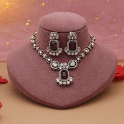 Maroon Color Kundan Necklace Set With Rich Finish For Ethnic Fashion