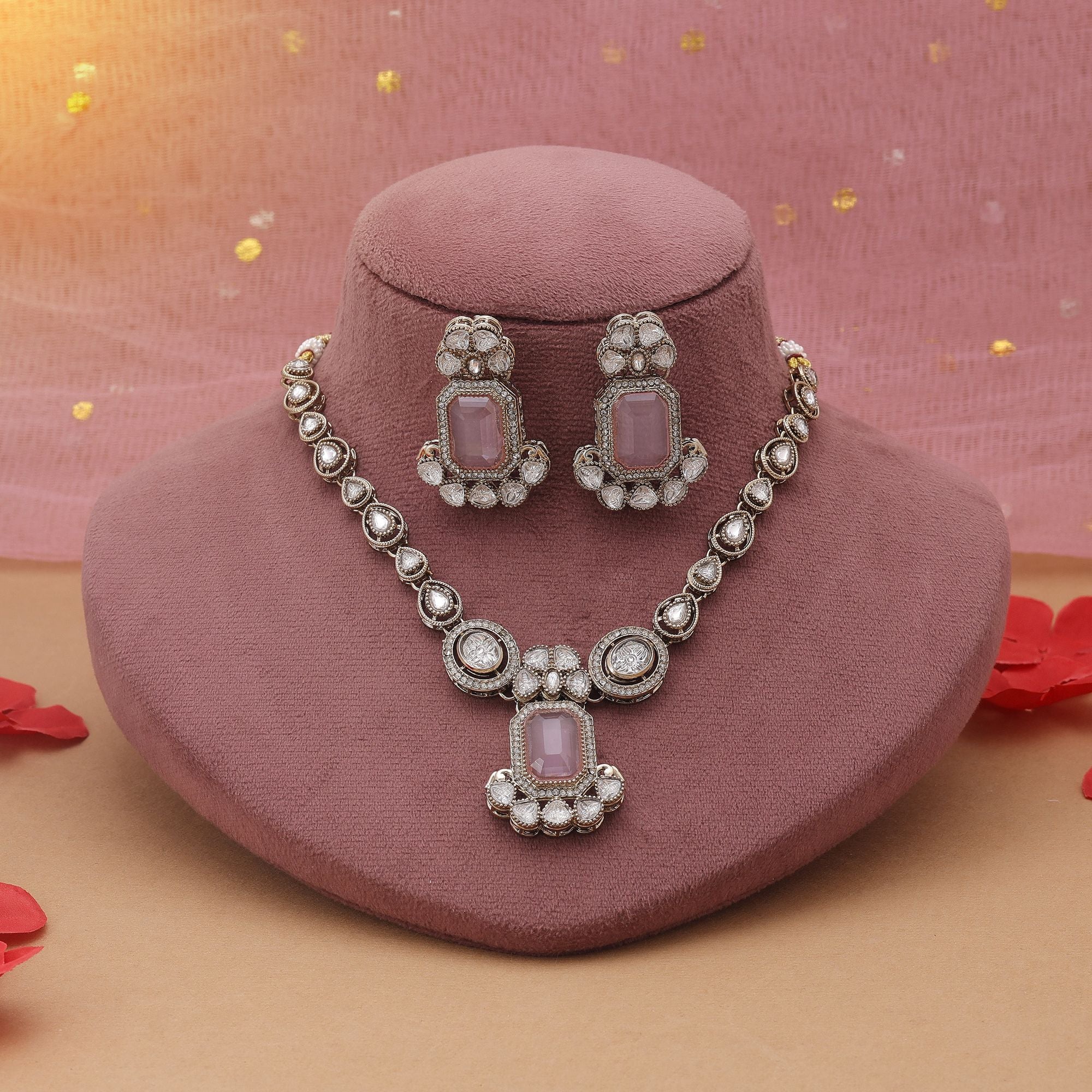 Pink Color Kundan Necklace Set Offering Soft Glam Traditional Beauty