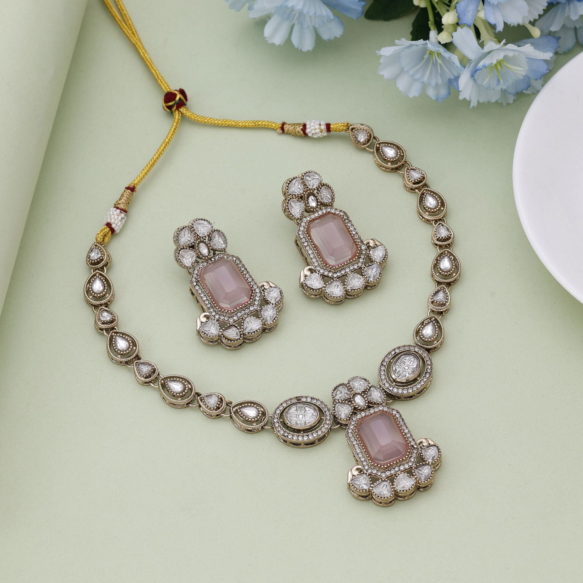 Pink Color Kundan Necklace Set Offering Soft Glam Traditional Beauty