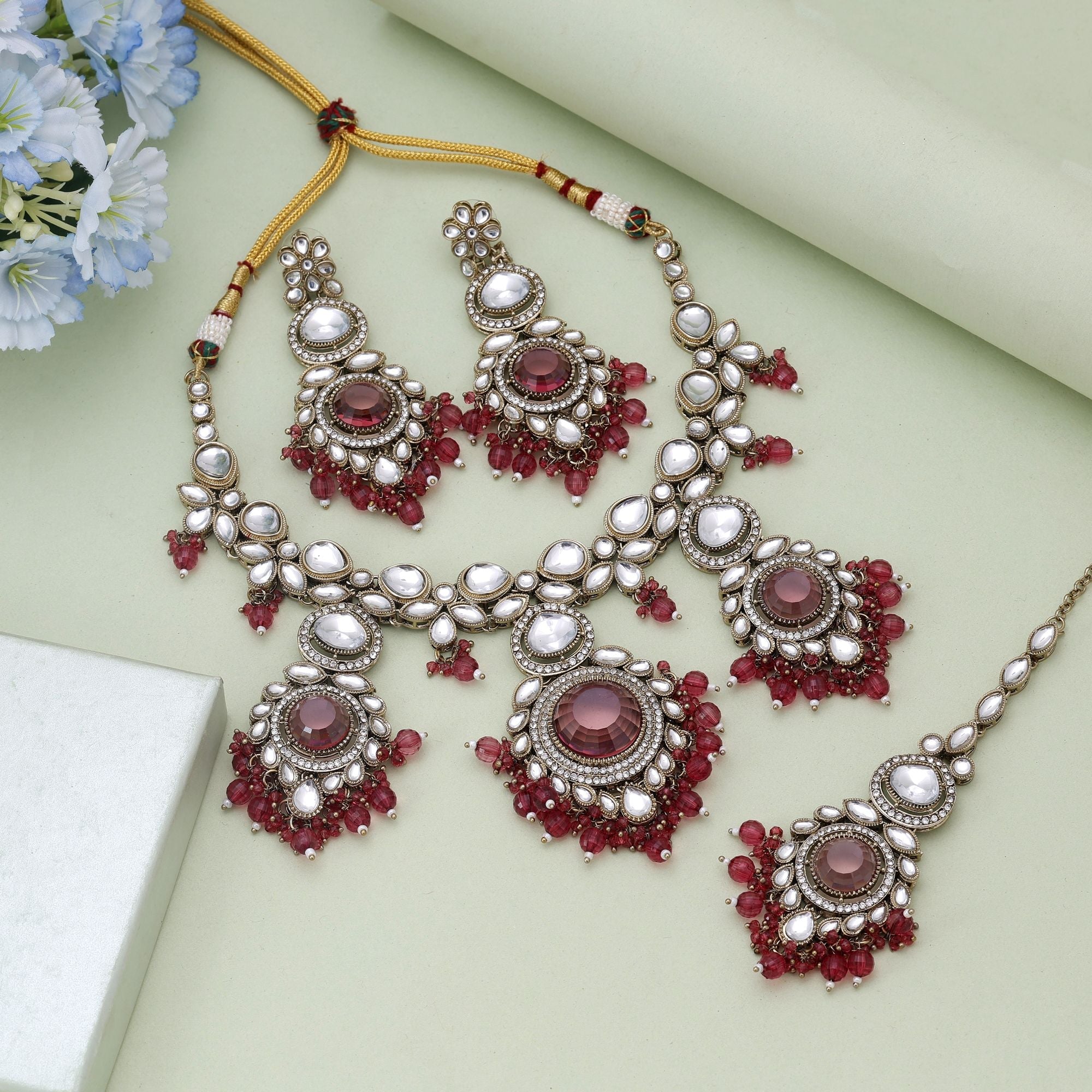 Magenta Color Kundan Necklace Set With Royal Hue And Festive Charm