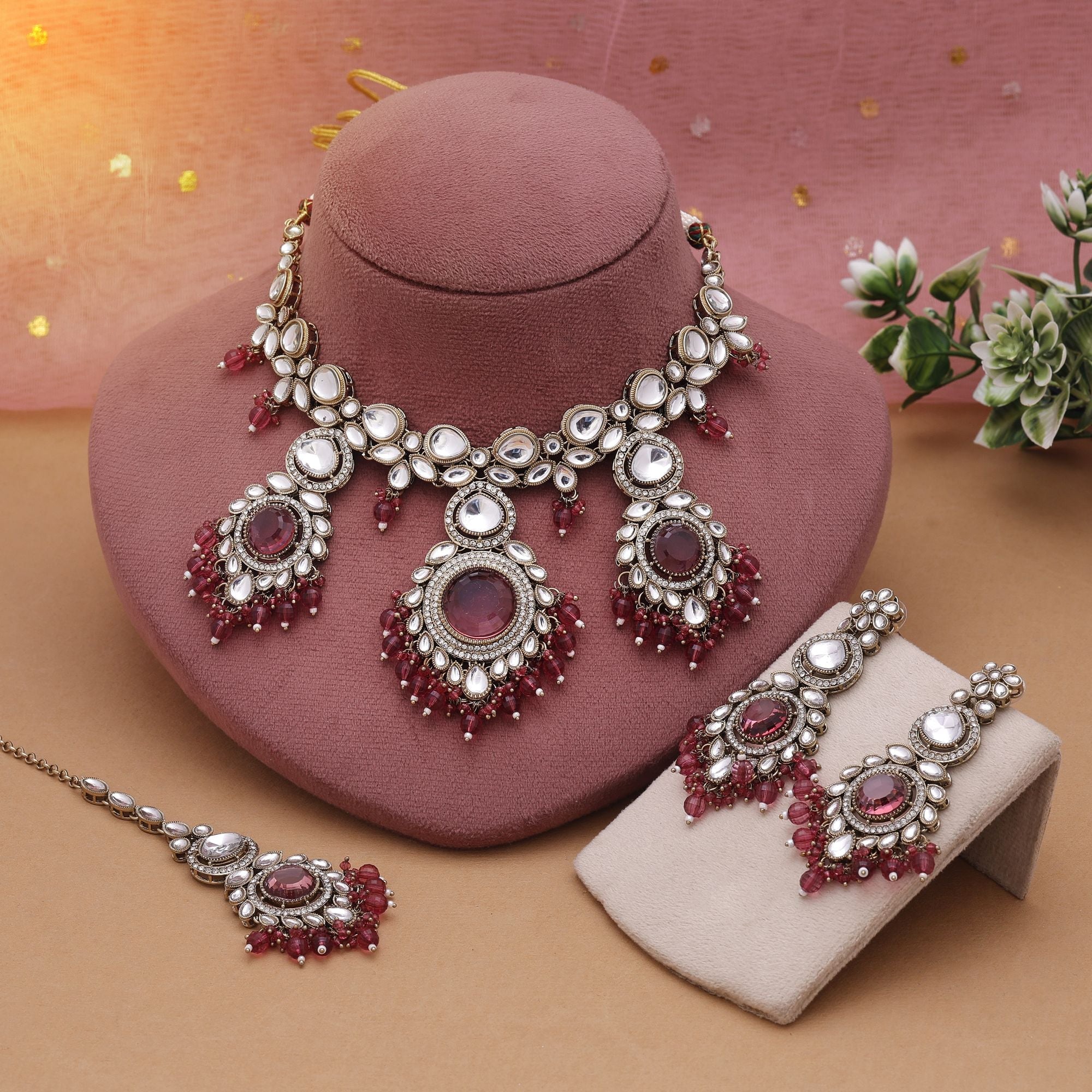 Magenta Color Kundan Necklace Set With Royal Hue And Festive Charm