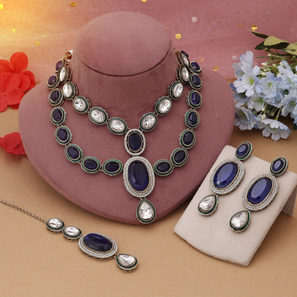 Blue Color Kundan Necklace Set With Elegant Festive Traditional Appeal