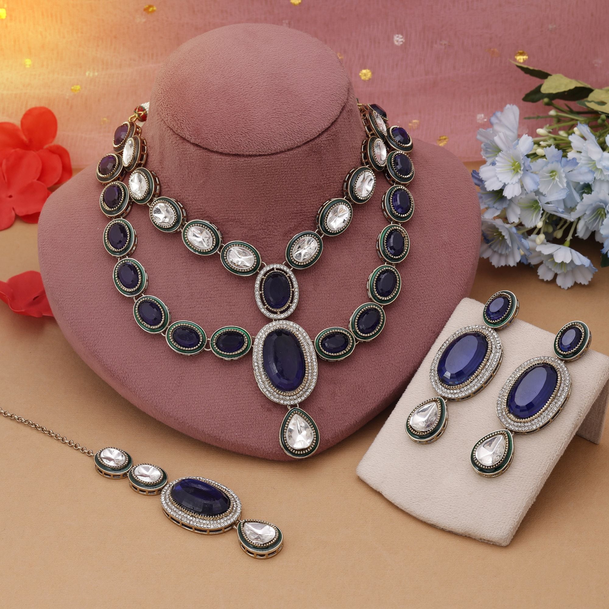 Blue Color Kundan Necklace Set With Elegant Festive Traditional Appeal