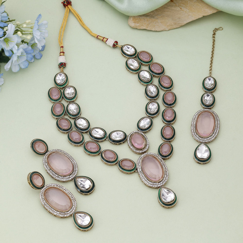 Pink Color Kundan Necklace Set Designed For Feminine Wedding Styling