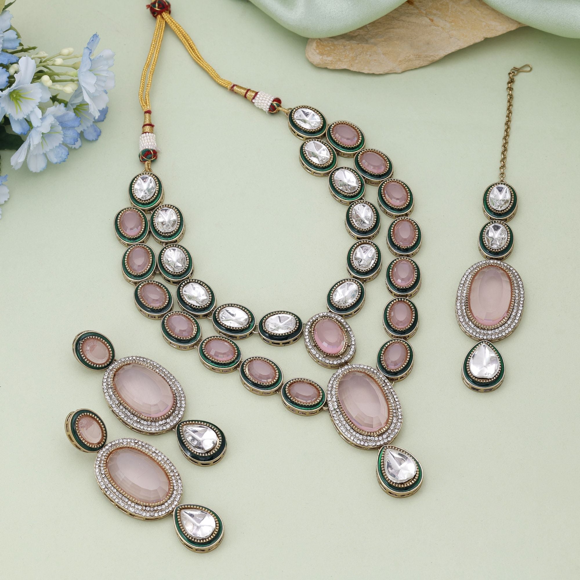 Pink Color Kundan Necklace Set Designed For Feminine Wedding Styling