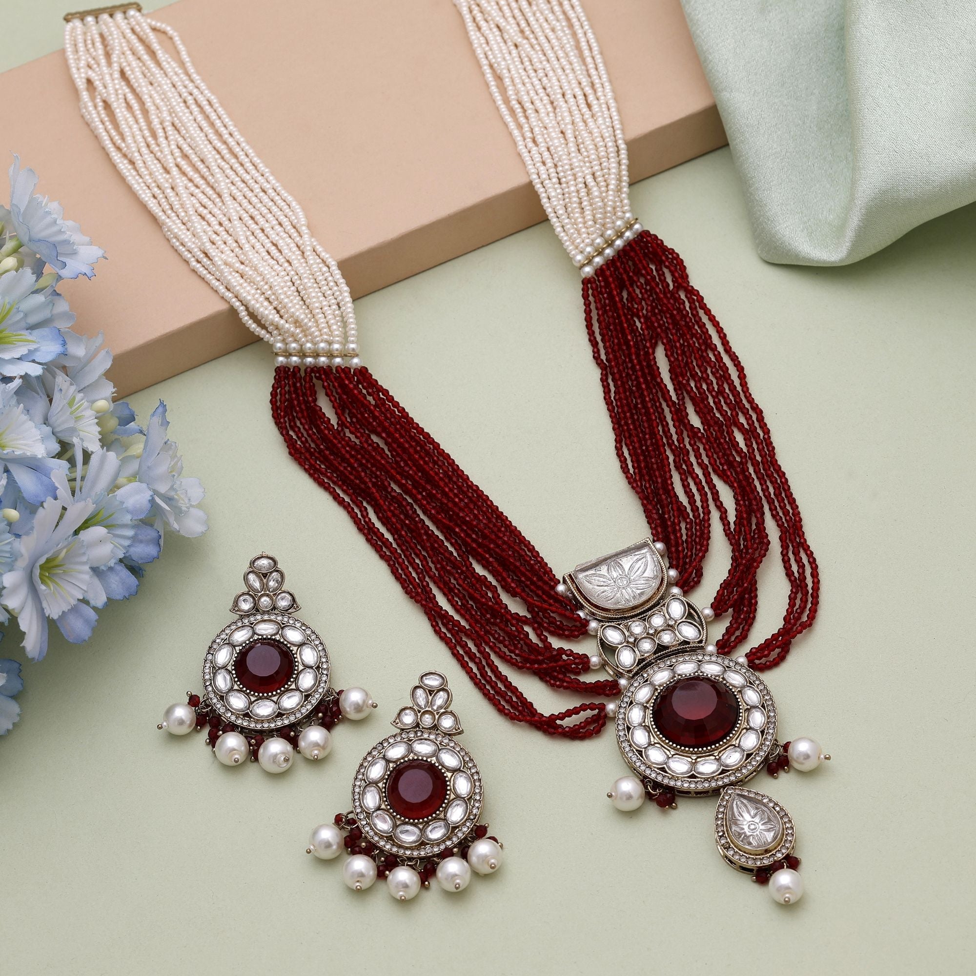 Maroon Kundan Necklace Set