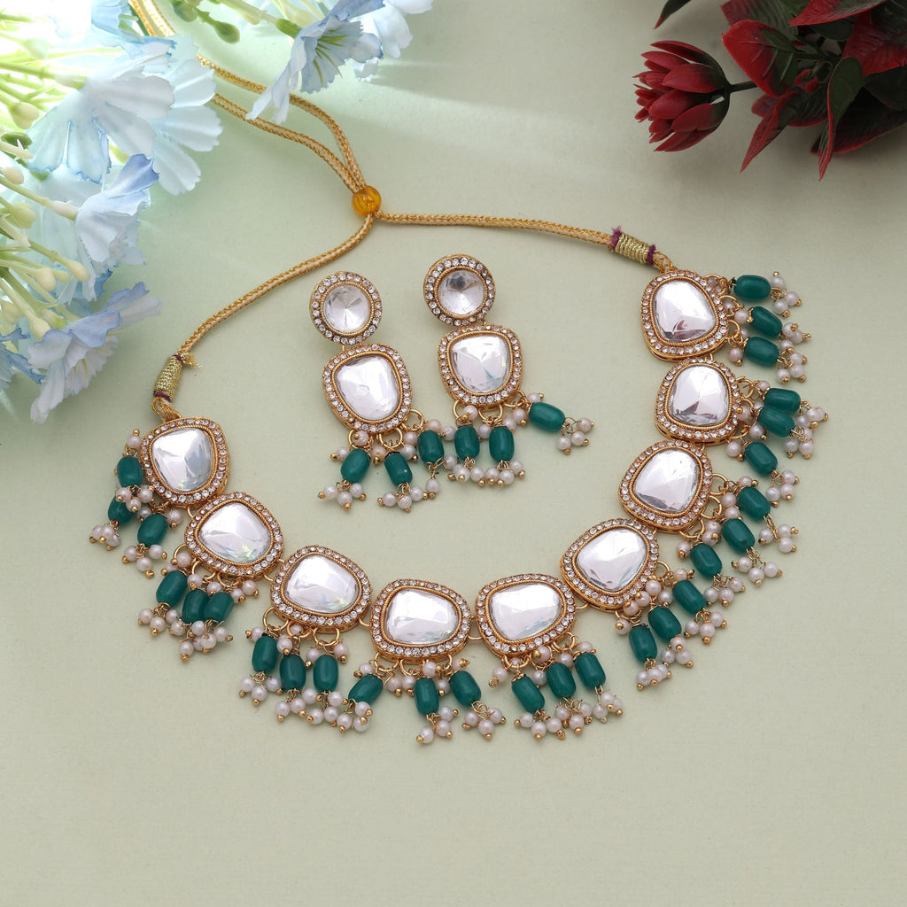 Green Color Festive Kundan Necklace Set