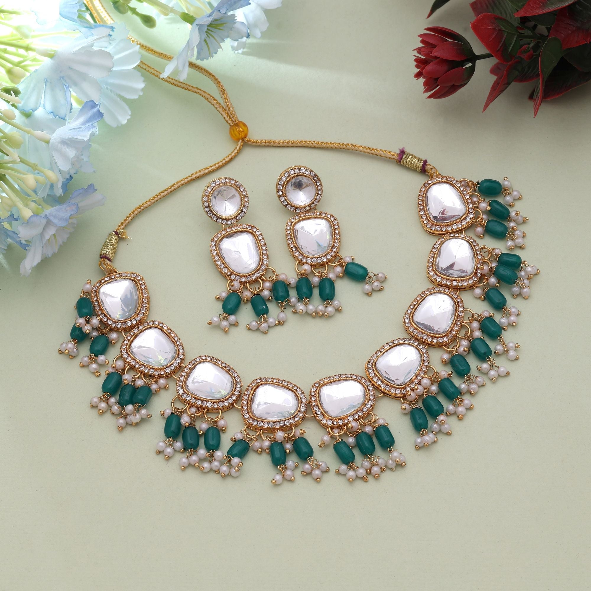 Green Color Festive Kundan Necklace Set