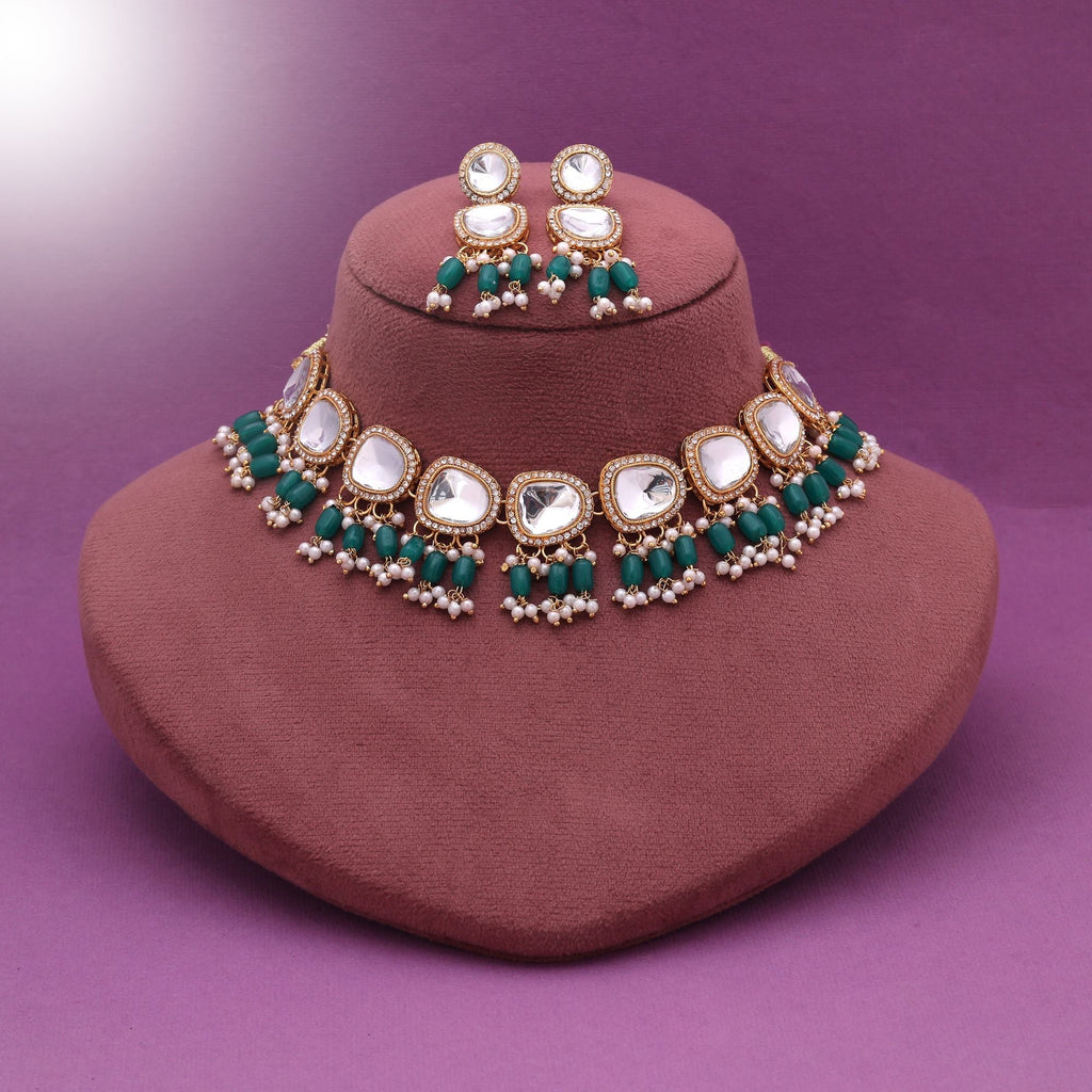 Green Color Festive Kundan Necklace Set