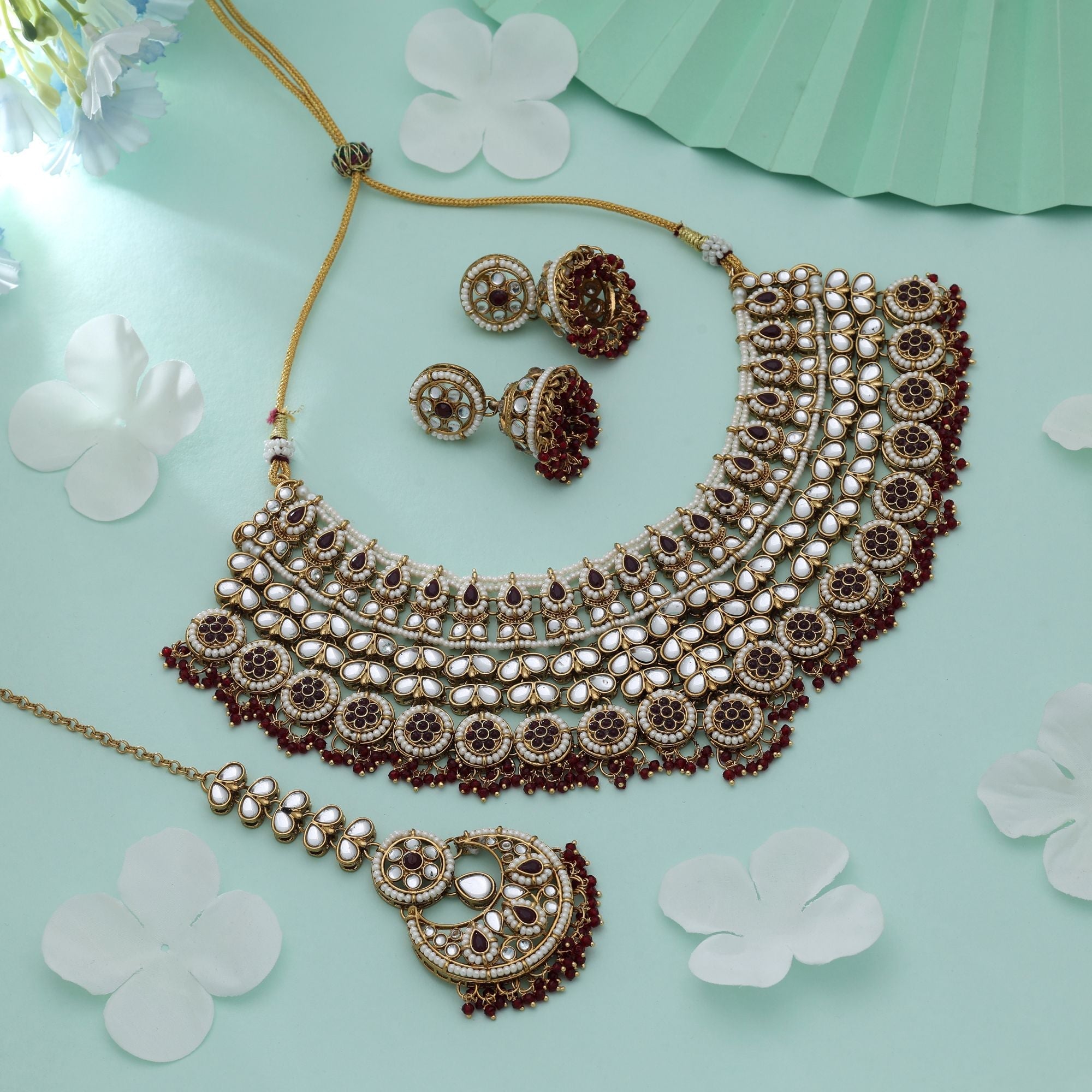 Maroon Color Kundan Necklace Set