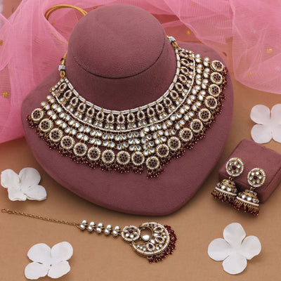 Maroon Color Kundan Necklace Set