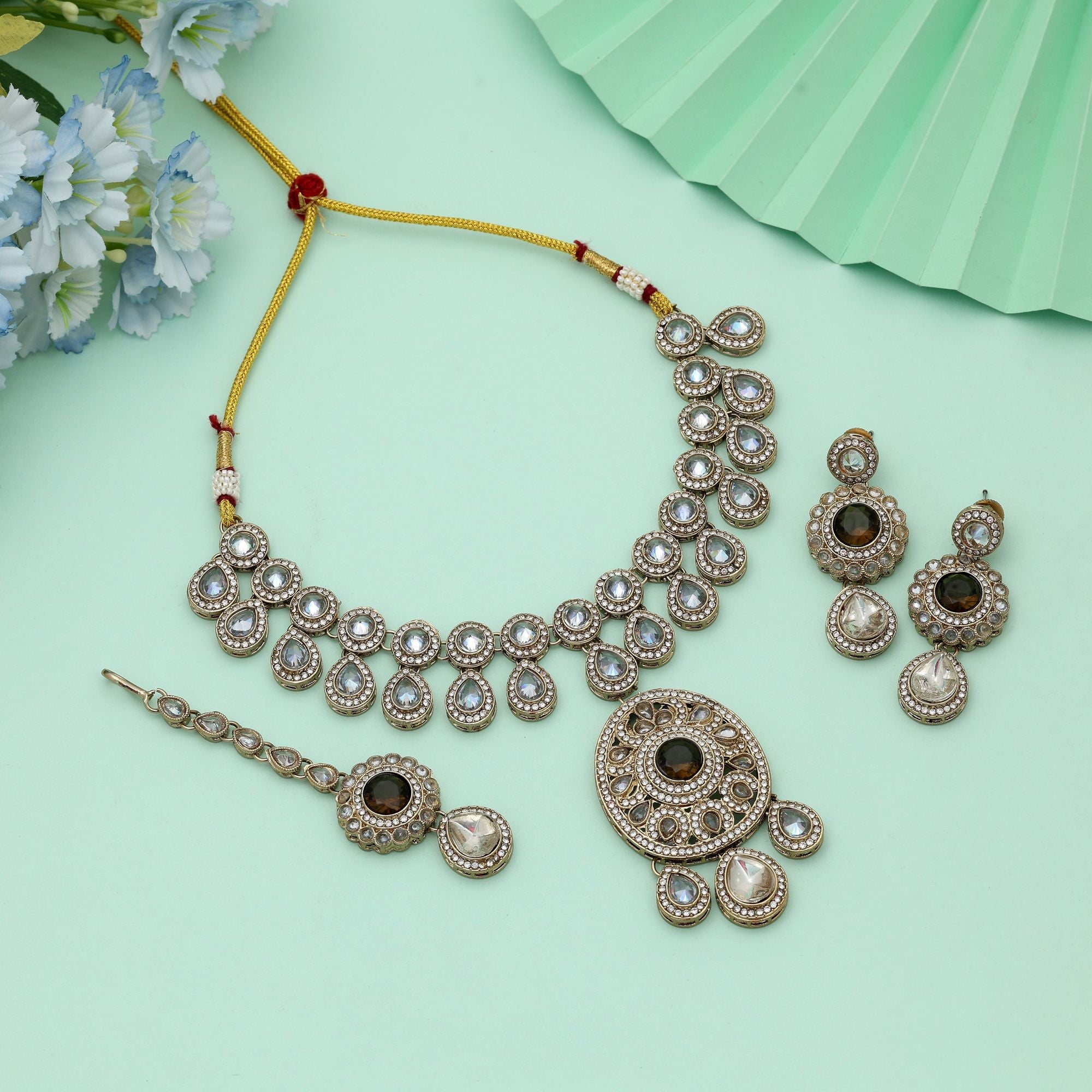 Mehandi Green Color Kundan Necklace Set Bridal Style