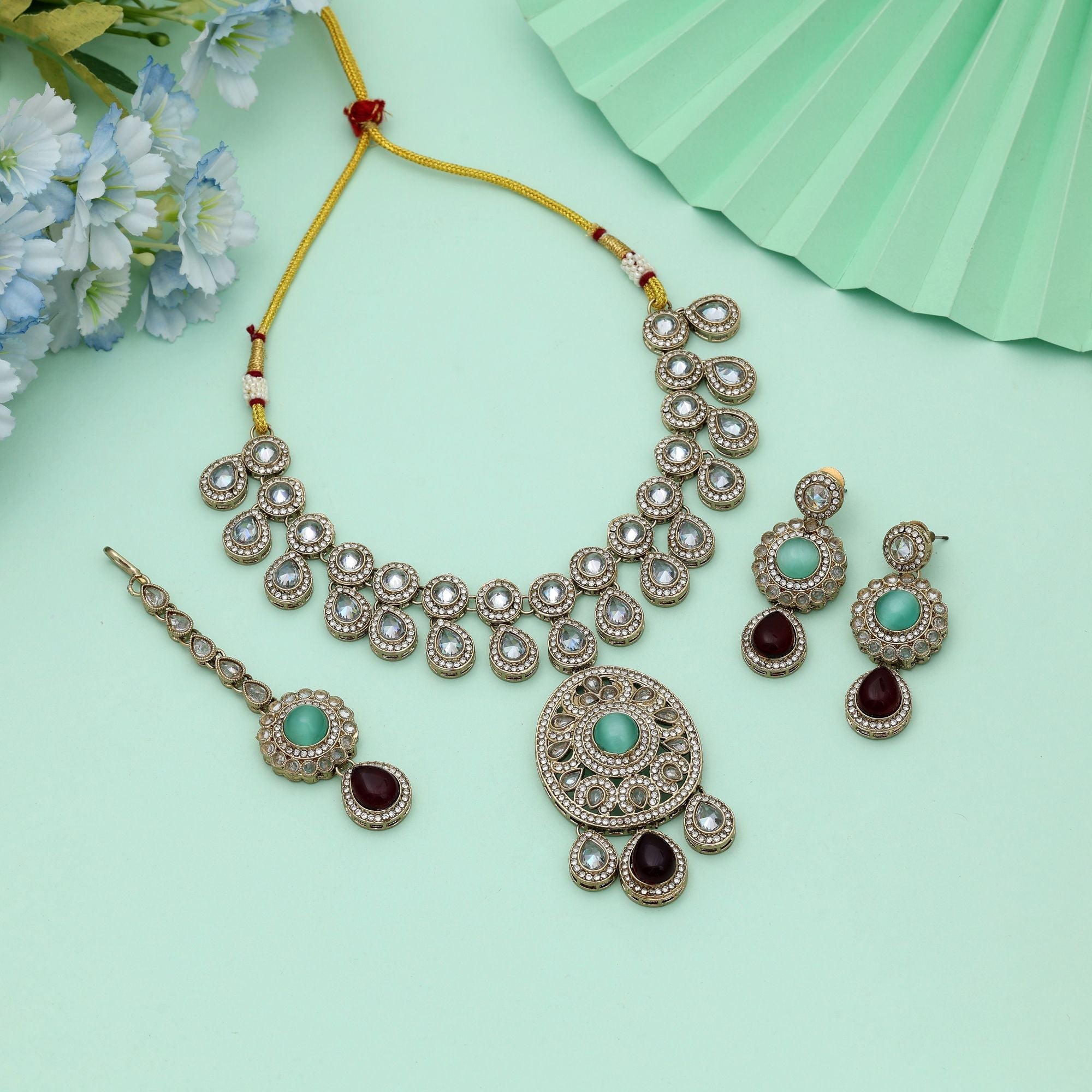 Maroon & Pista Green Kundan Necklace Set Bridal Design