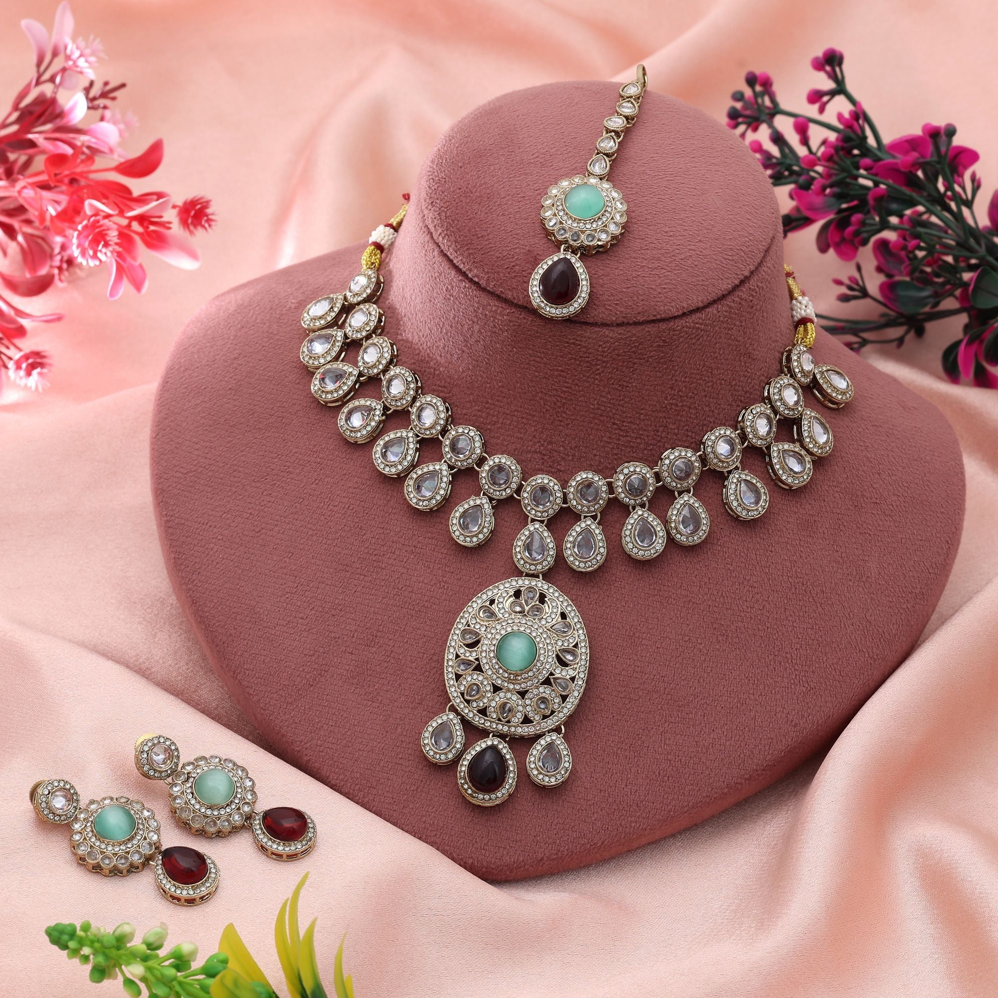 Maroon & Pista Green Kundan Necklace Set Bridal Design