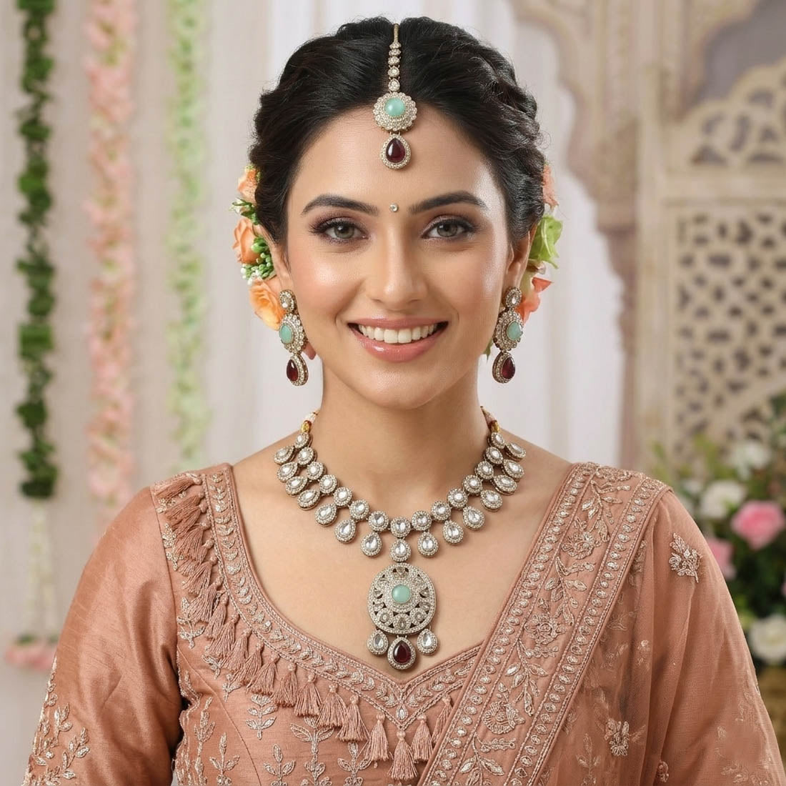 Maroon & Pista Green Kundan Necklace Set Bridal Design