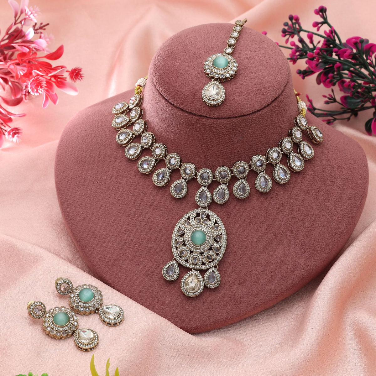 Pista Green Color Kundan Necklace Set Wedding Design