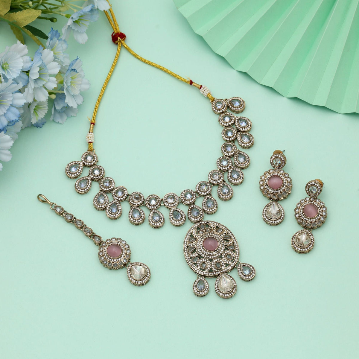 Pink Color Kundan Necklace Set Feminine Wedding Design