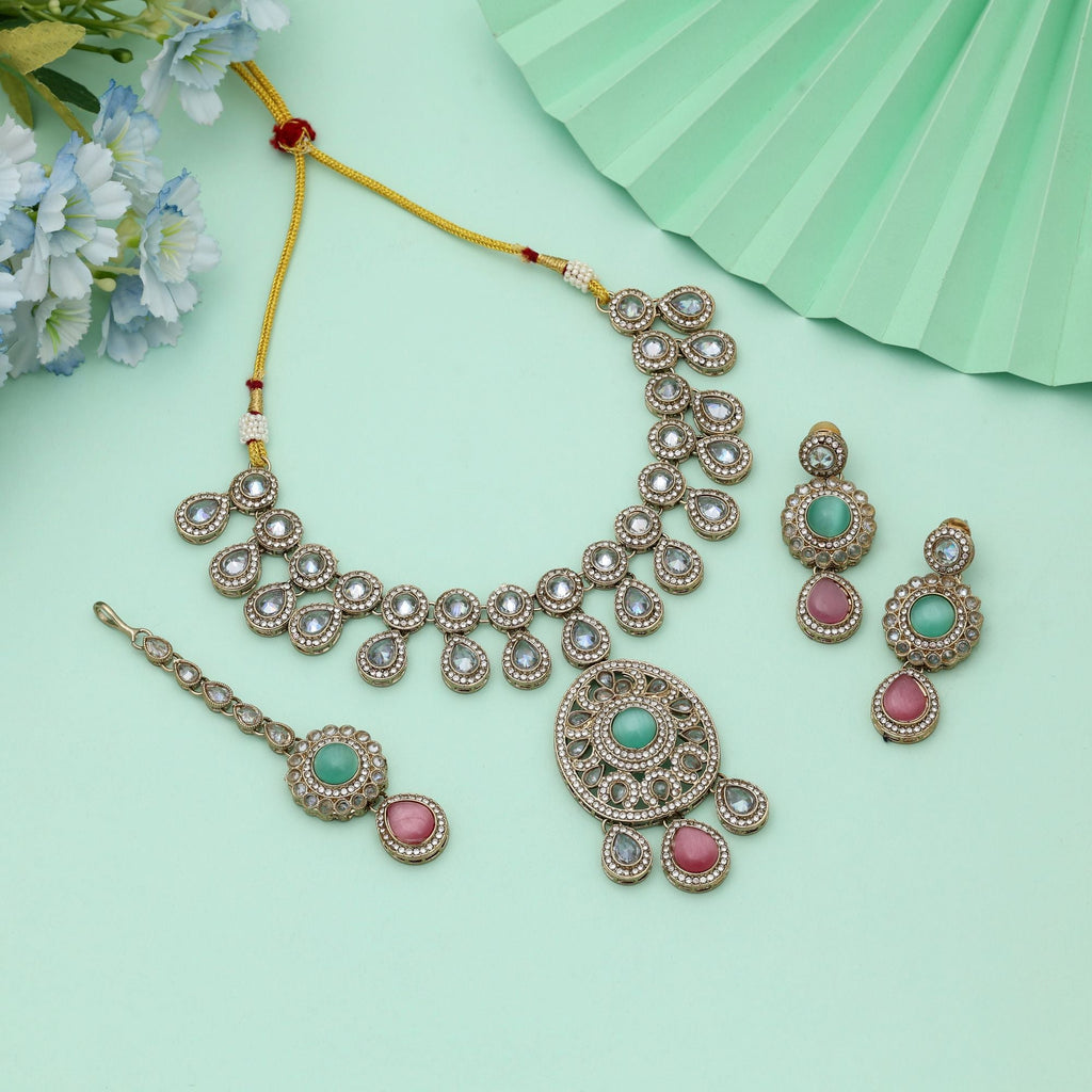 Pink & Pista Green Kundan Necklace Set Dual Tone