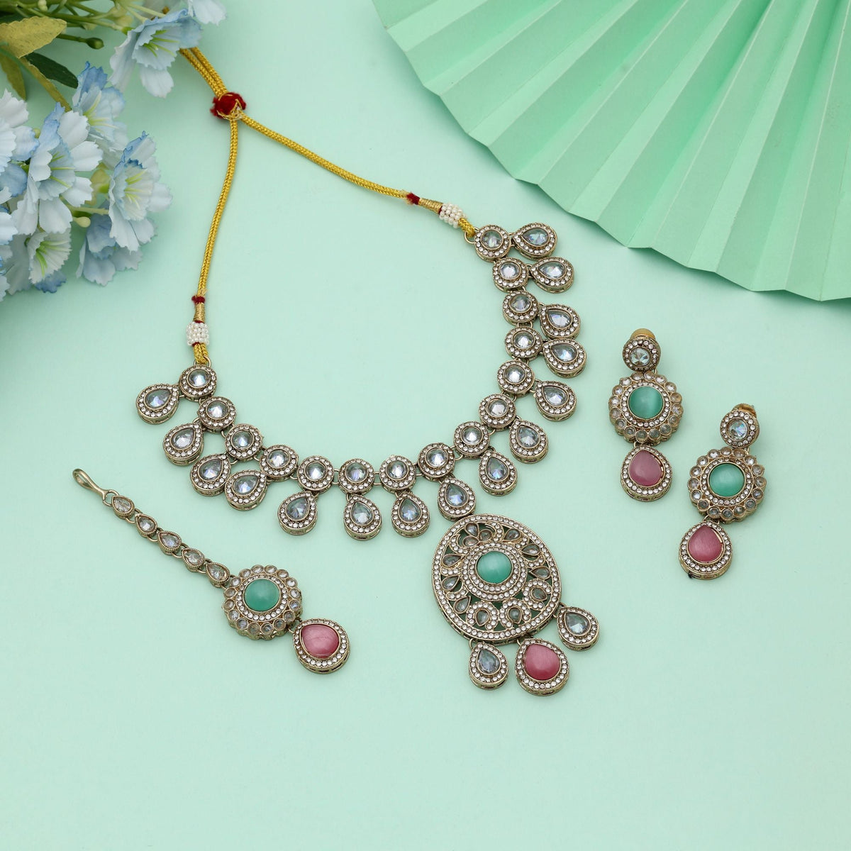 Pink & Pista Green Kundan Necklace Set Dual Tone