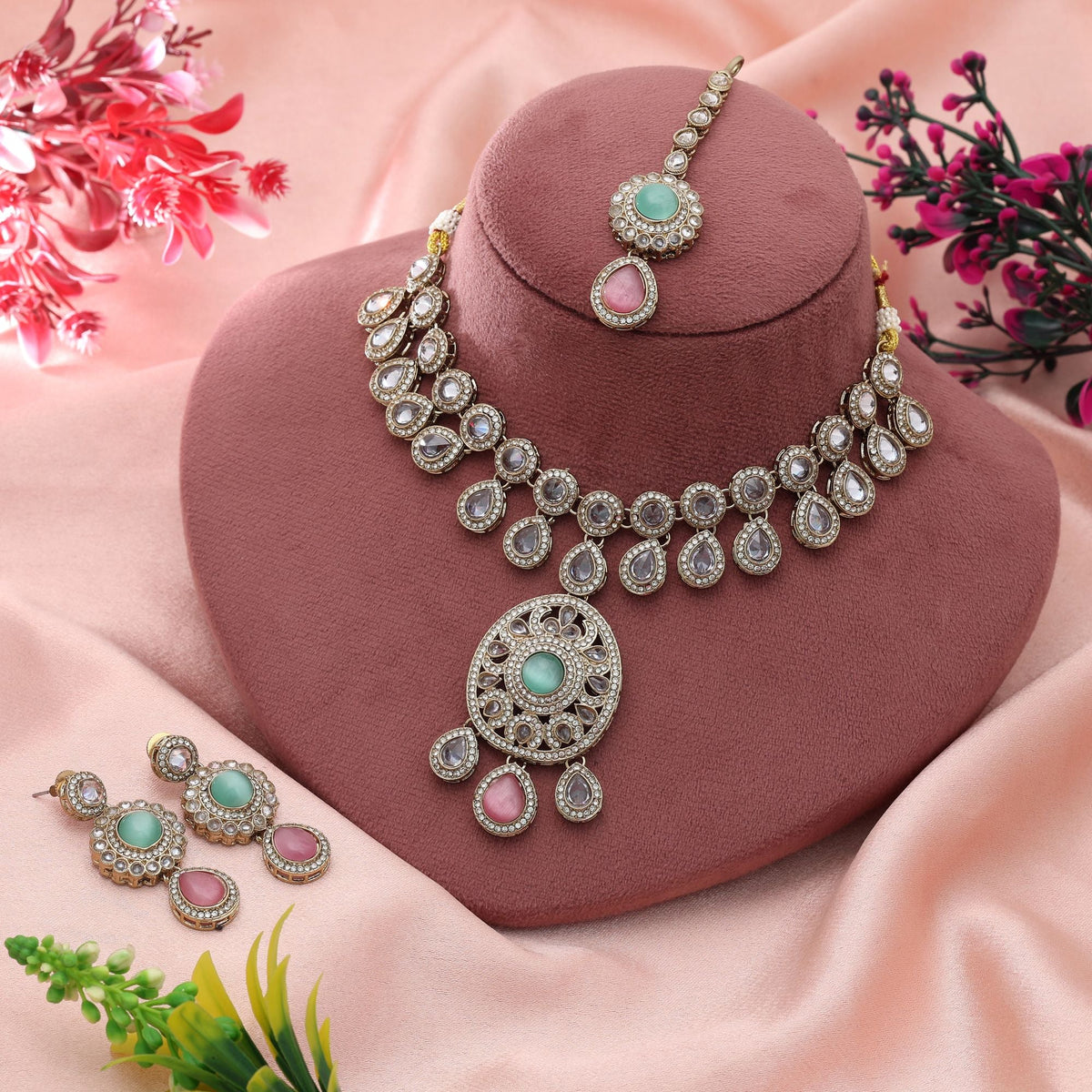 Pink & Pista Green Kundan Necklace Set Dual Tone