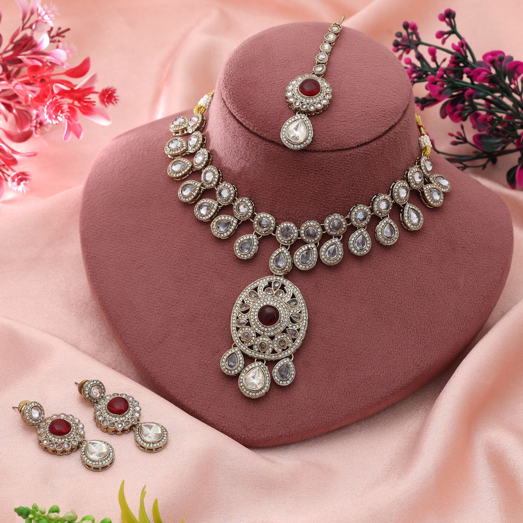 Red Color Kundan Necklace Set Royal Wedding Design