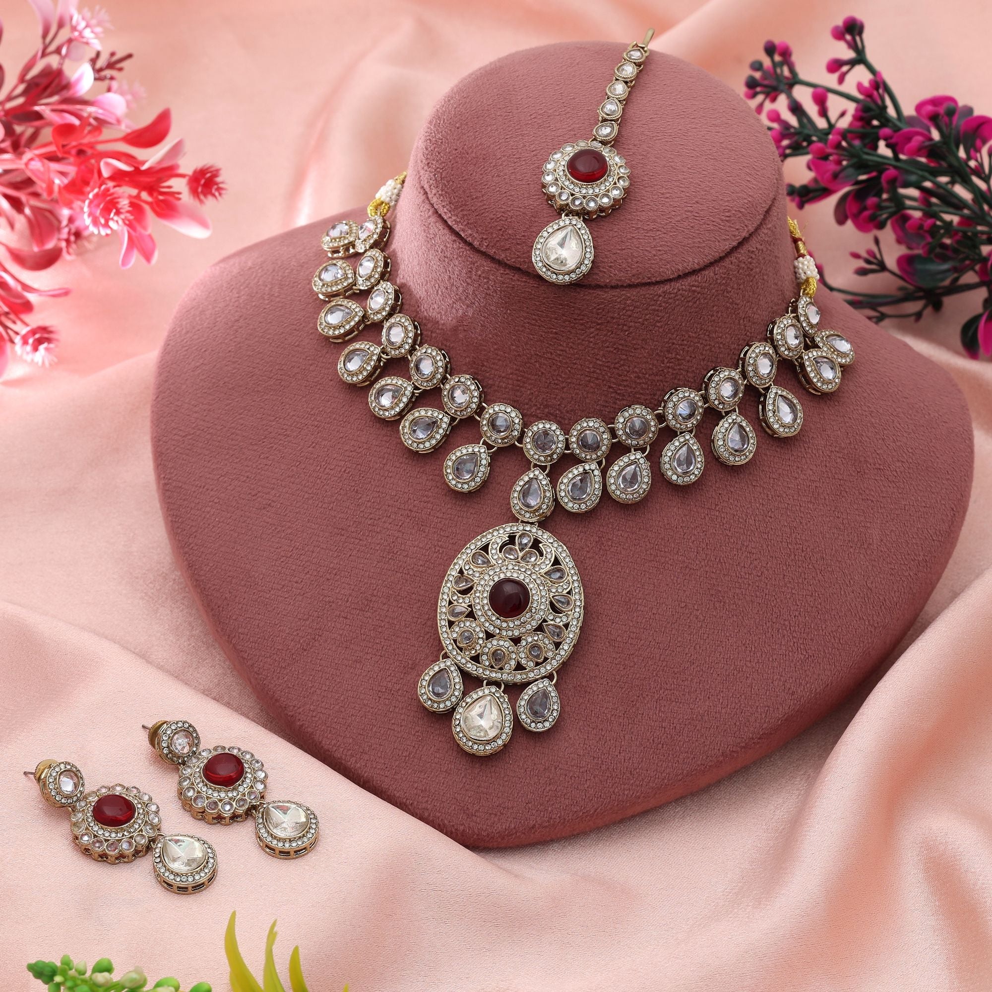Red Color Kundan Necklace Set Royal Wedding Design