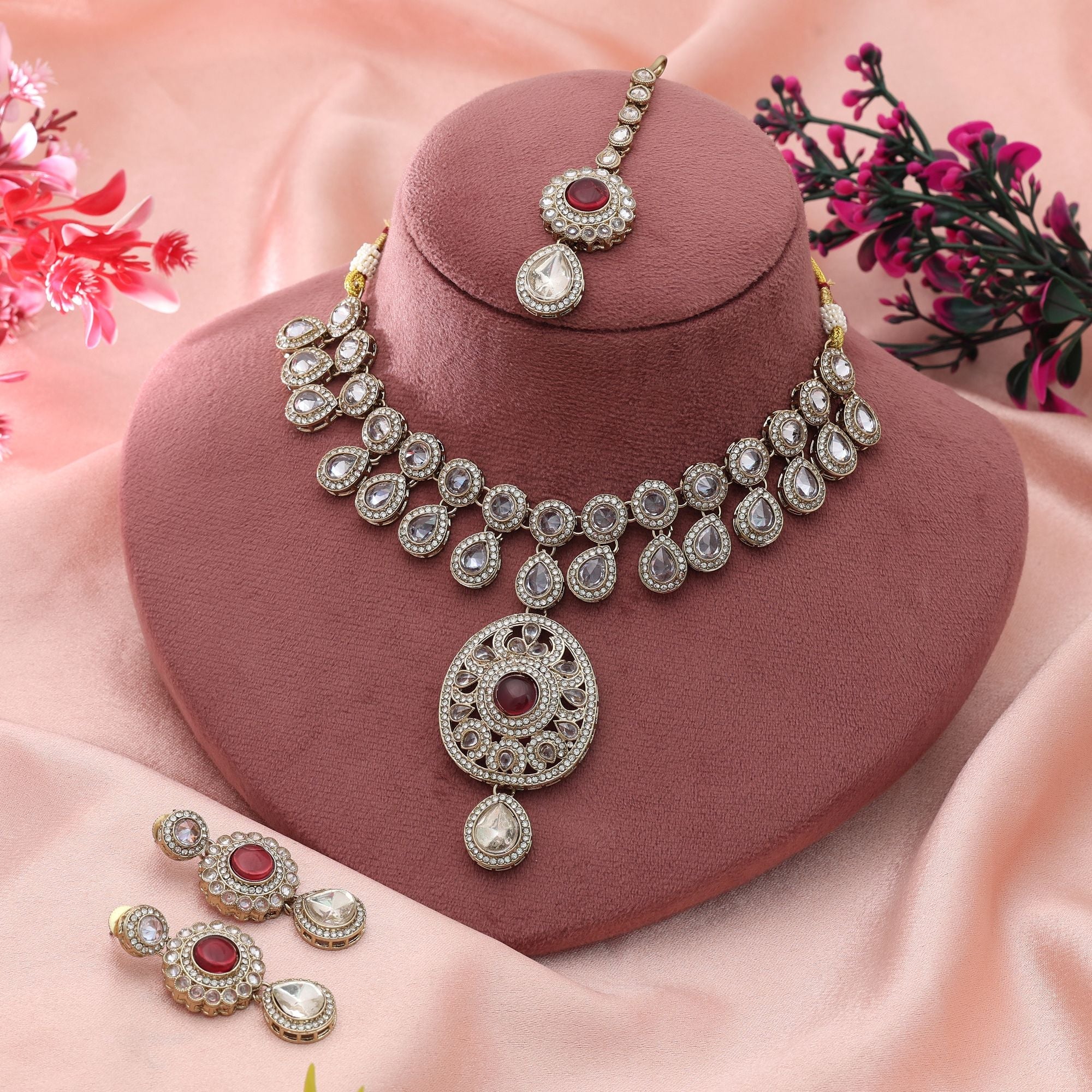 Magenta Color Kundan Necklace Set Wedding Style