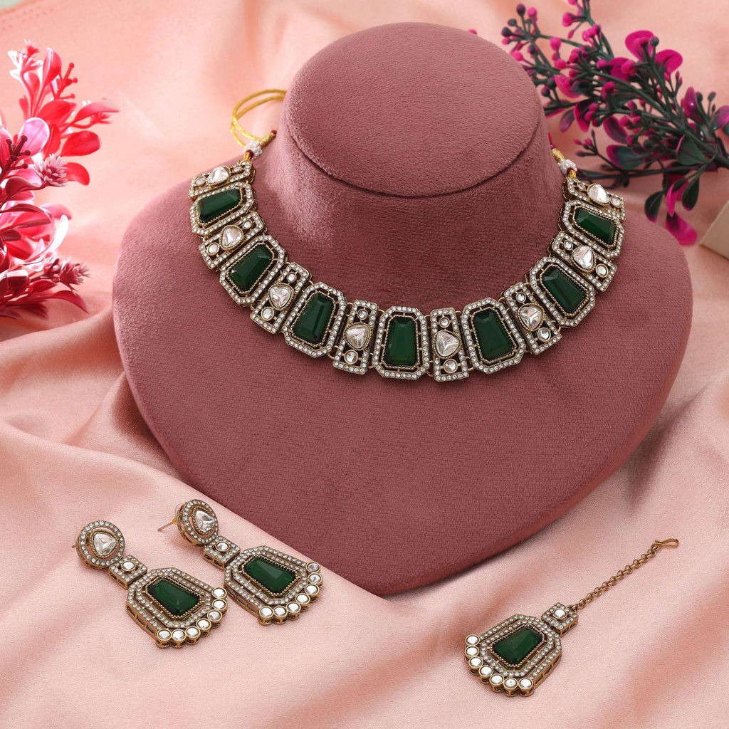 Green Color Kundan Necklace Set Party Wear Style