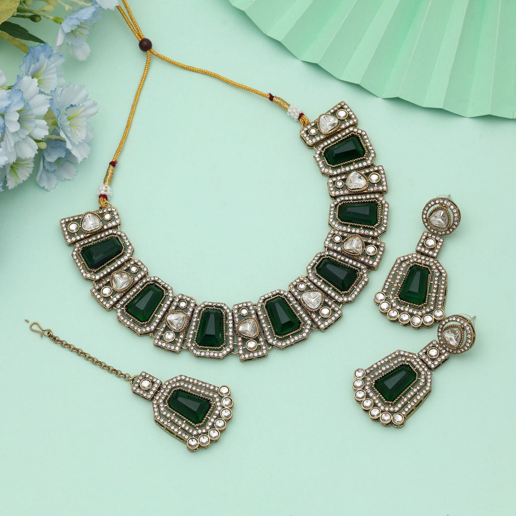 Green Color Kundan Necklace Set Party Wear Style