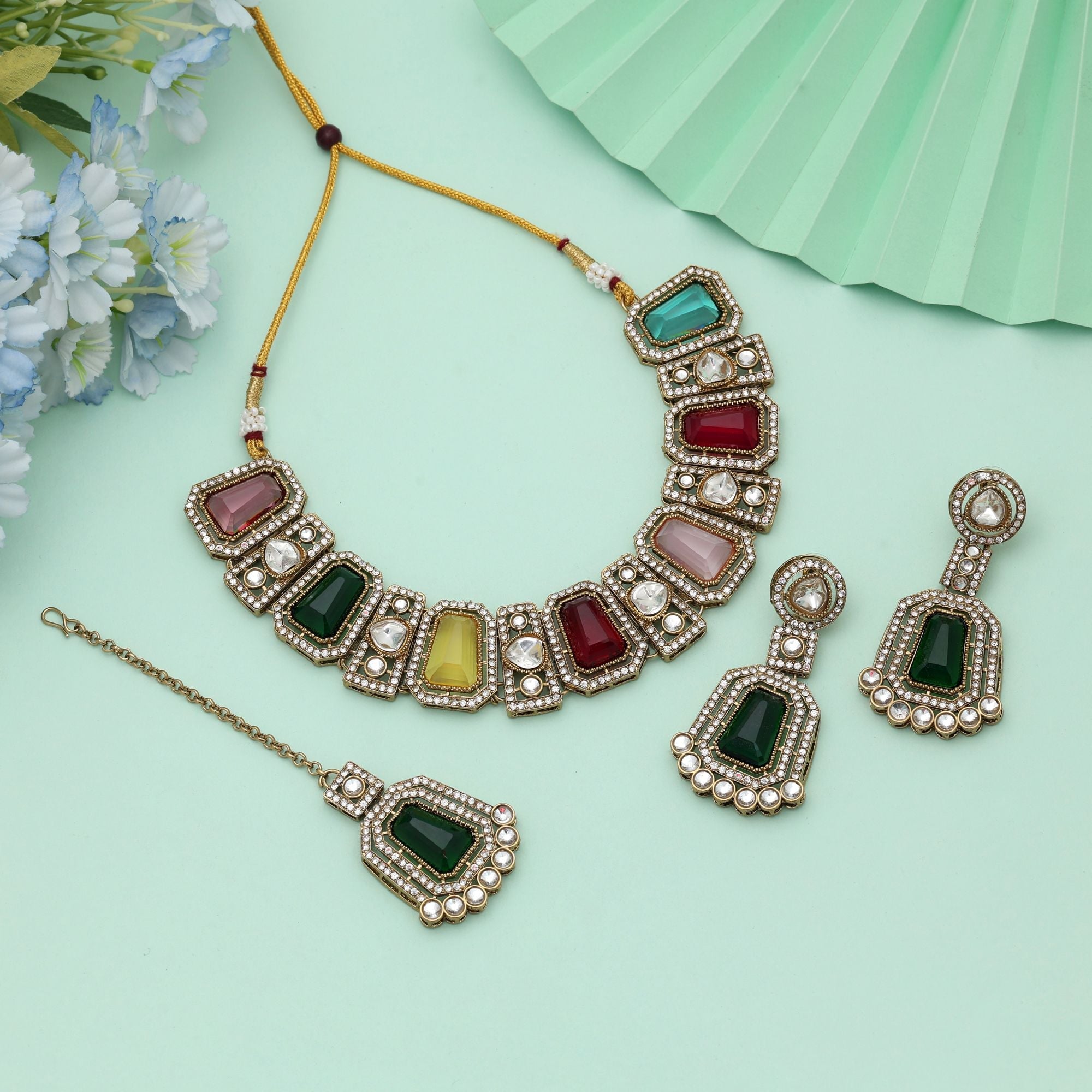 Multi Color Kundan Necklace Set Festive Designer Style