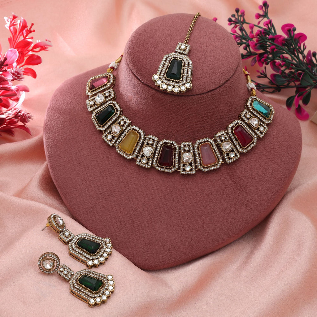 Multi Color Kundan Necklace Set Festive Designer Style