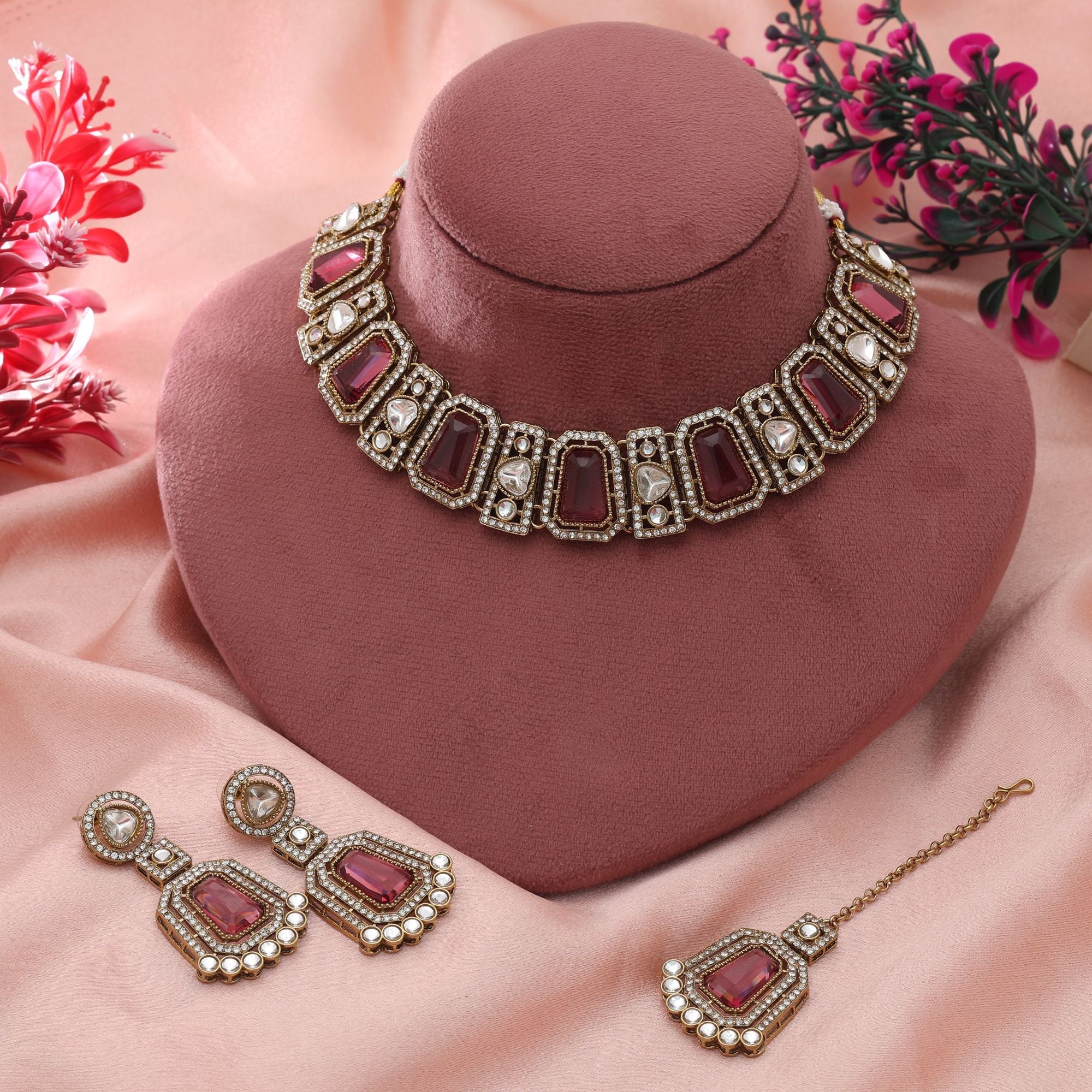 Magenta Color Kundan Necklace Set Festive Style
