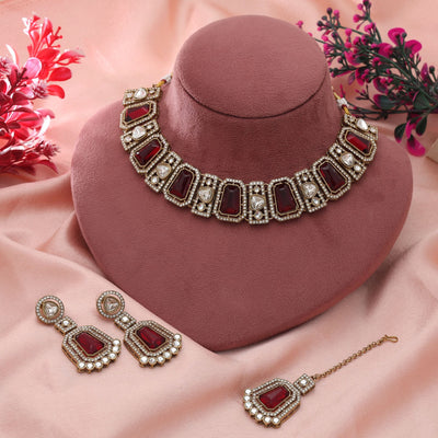Maroon Color Kundan Necklace Set Bridal Style