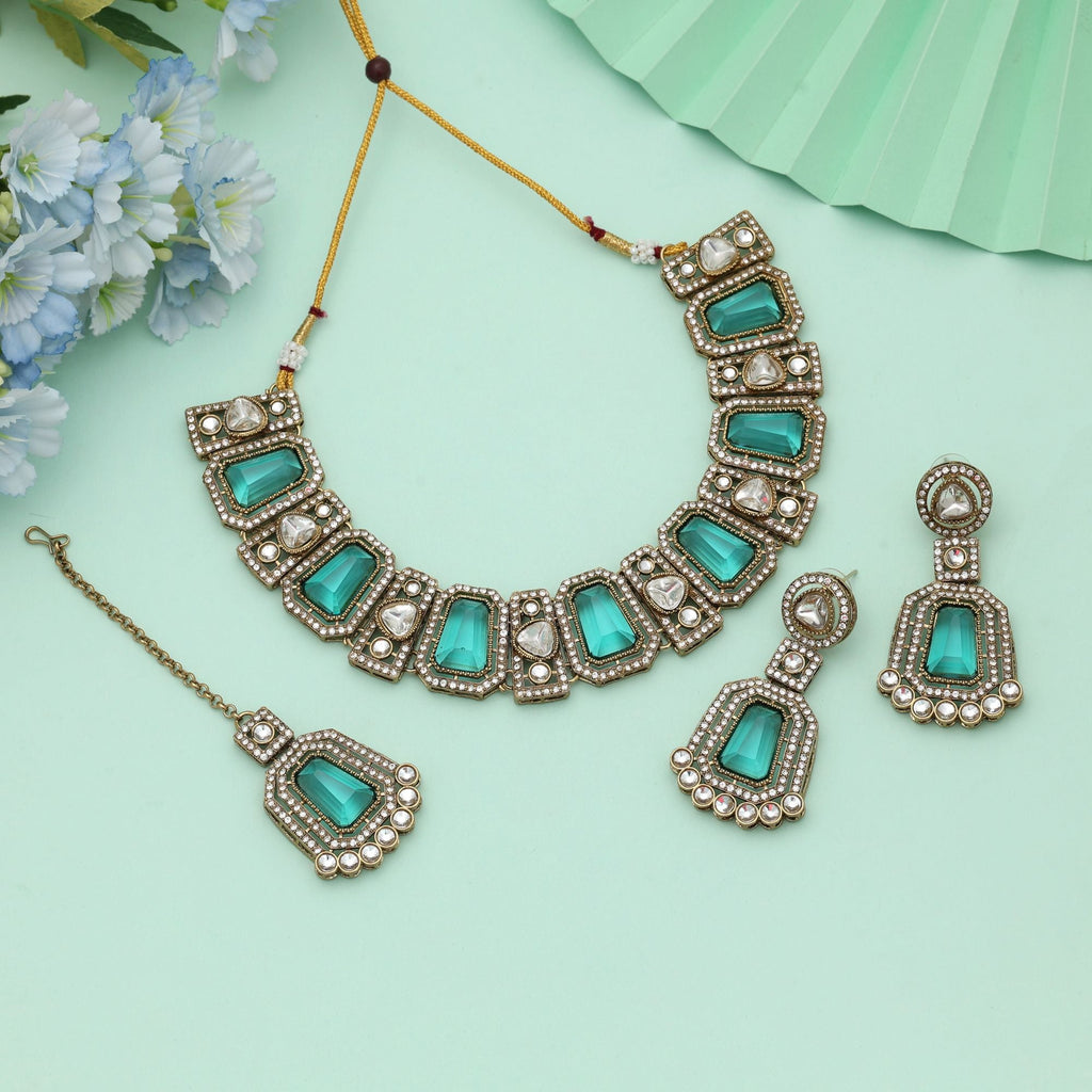 Rama Green Color Kundan Necklace Set Heritage Design