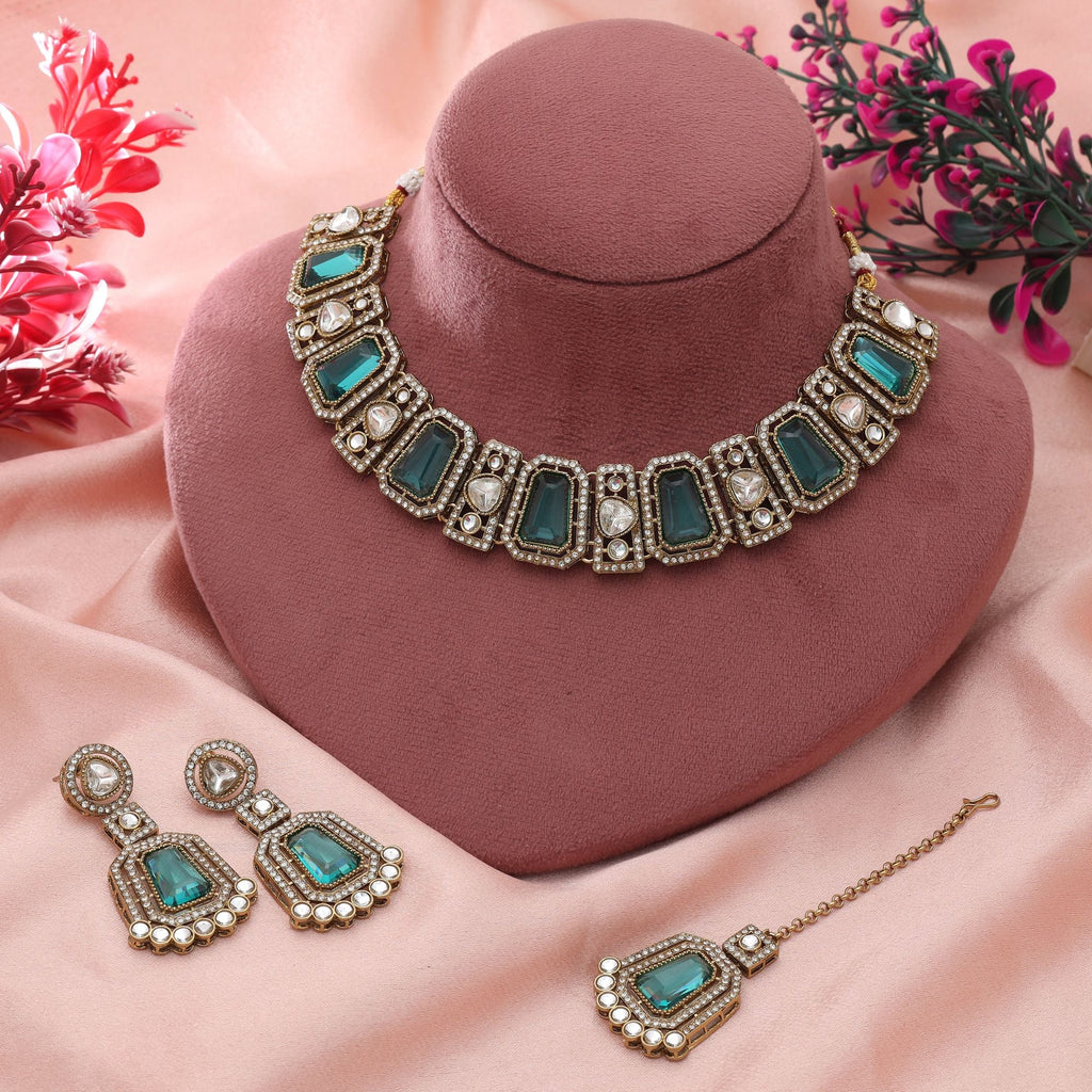 Rama Green Color Kundan Necklace Set Heritage Design