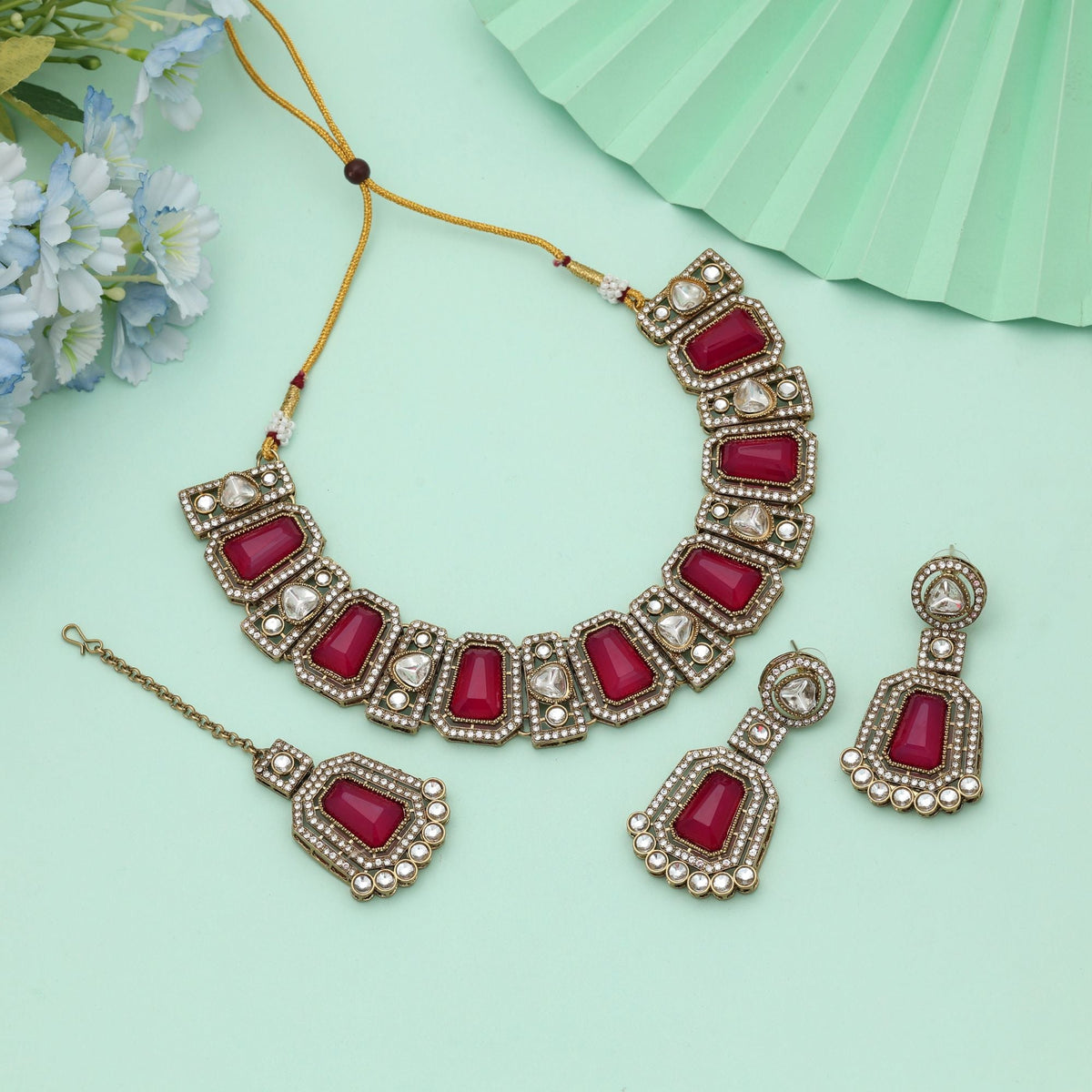 Rani Color Kundan Necklace Set Bridal Style