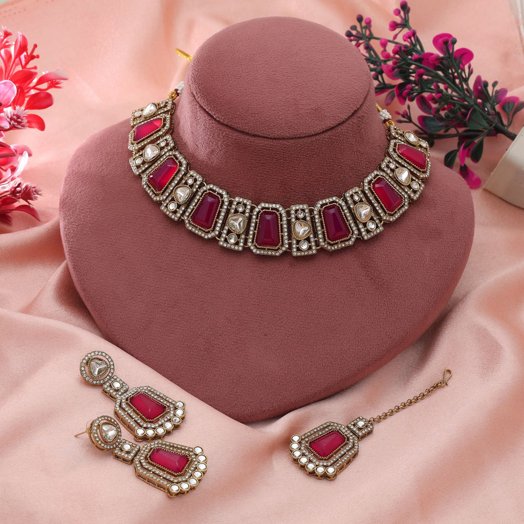Rani Color Kundan Necklace Set Bridal Style
