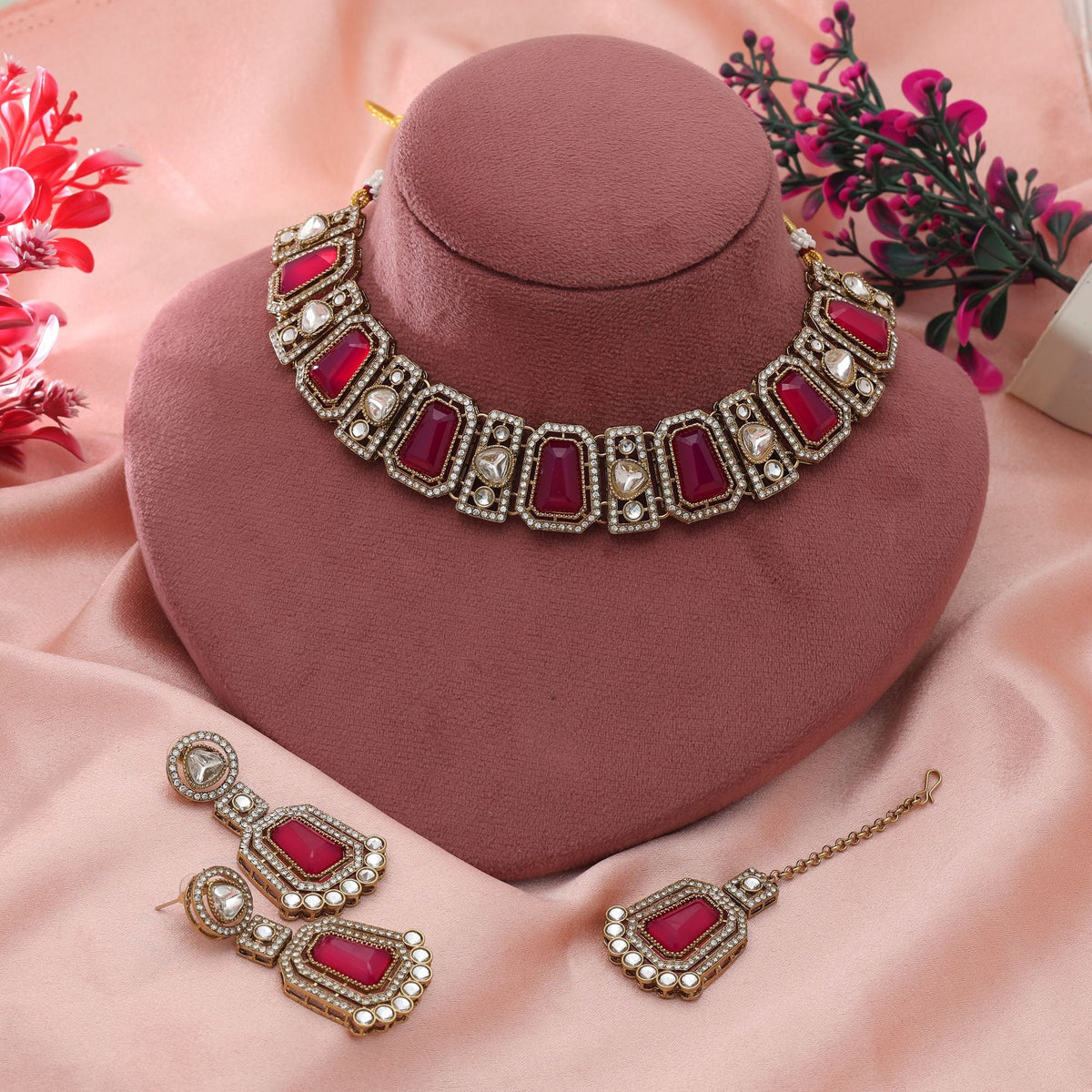 Rani Color Kundan Necklace Set Bridal Style