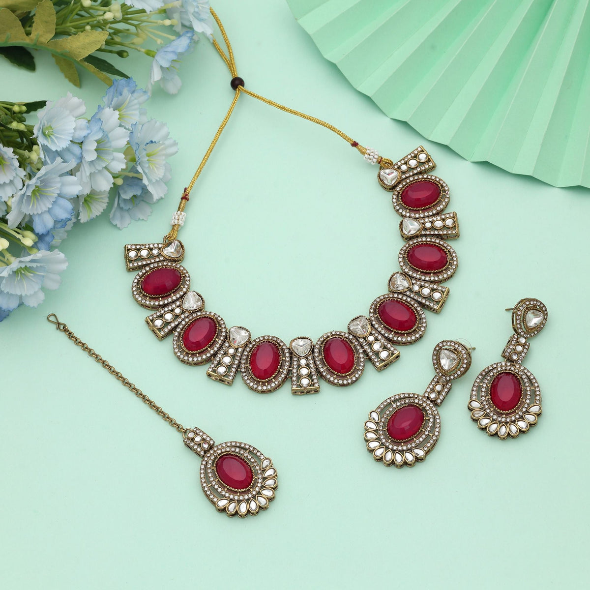 Rani Color Kundan Necklace Set Royal Design